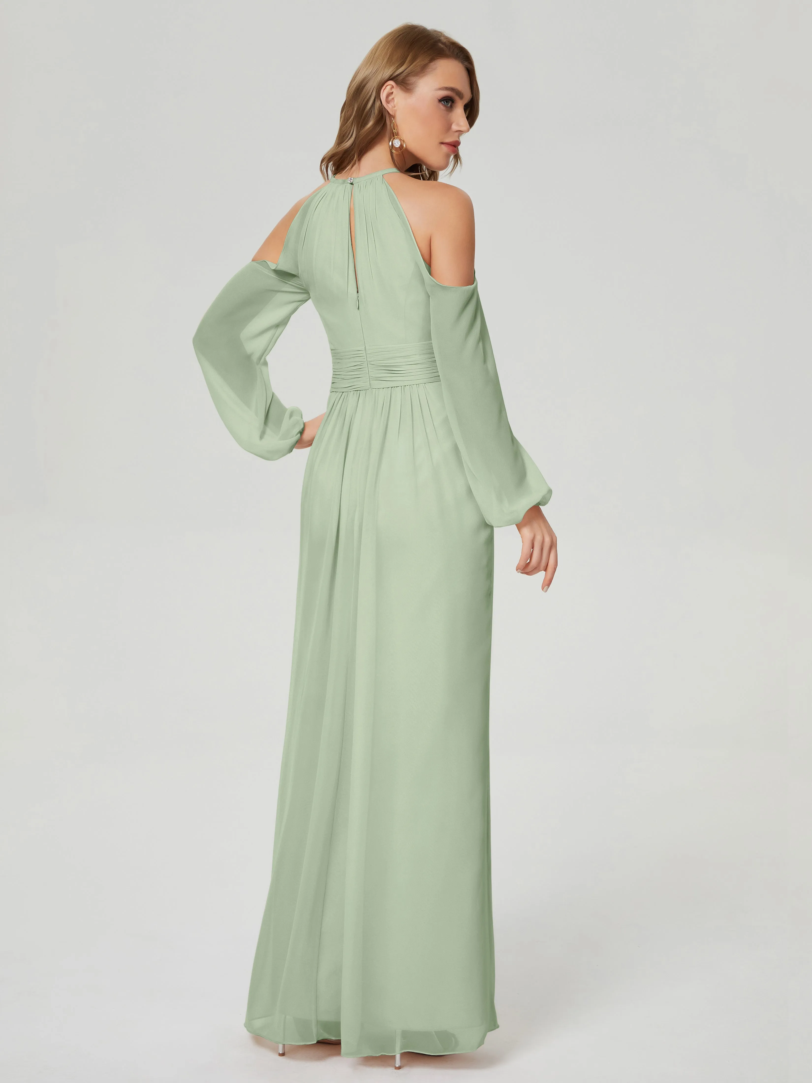 Phoebe Halter Long Sleeves Chiffon Bridesmaid Dresses