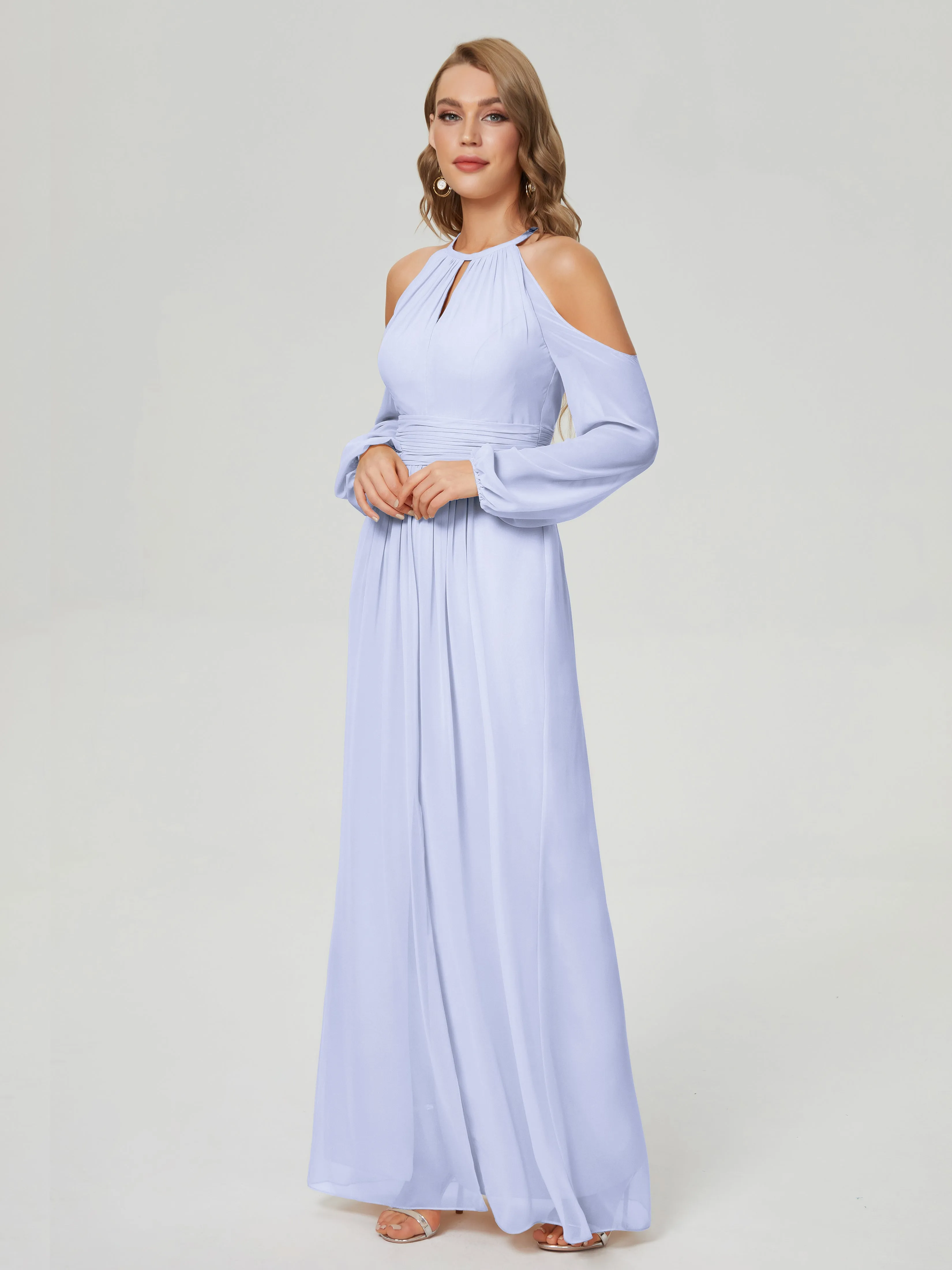Phoebe Halter Long Sleeves Chiffon Bridesmaid Dresses