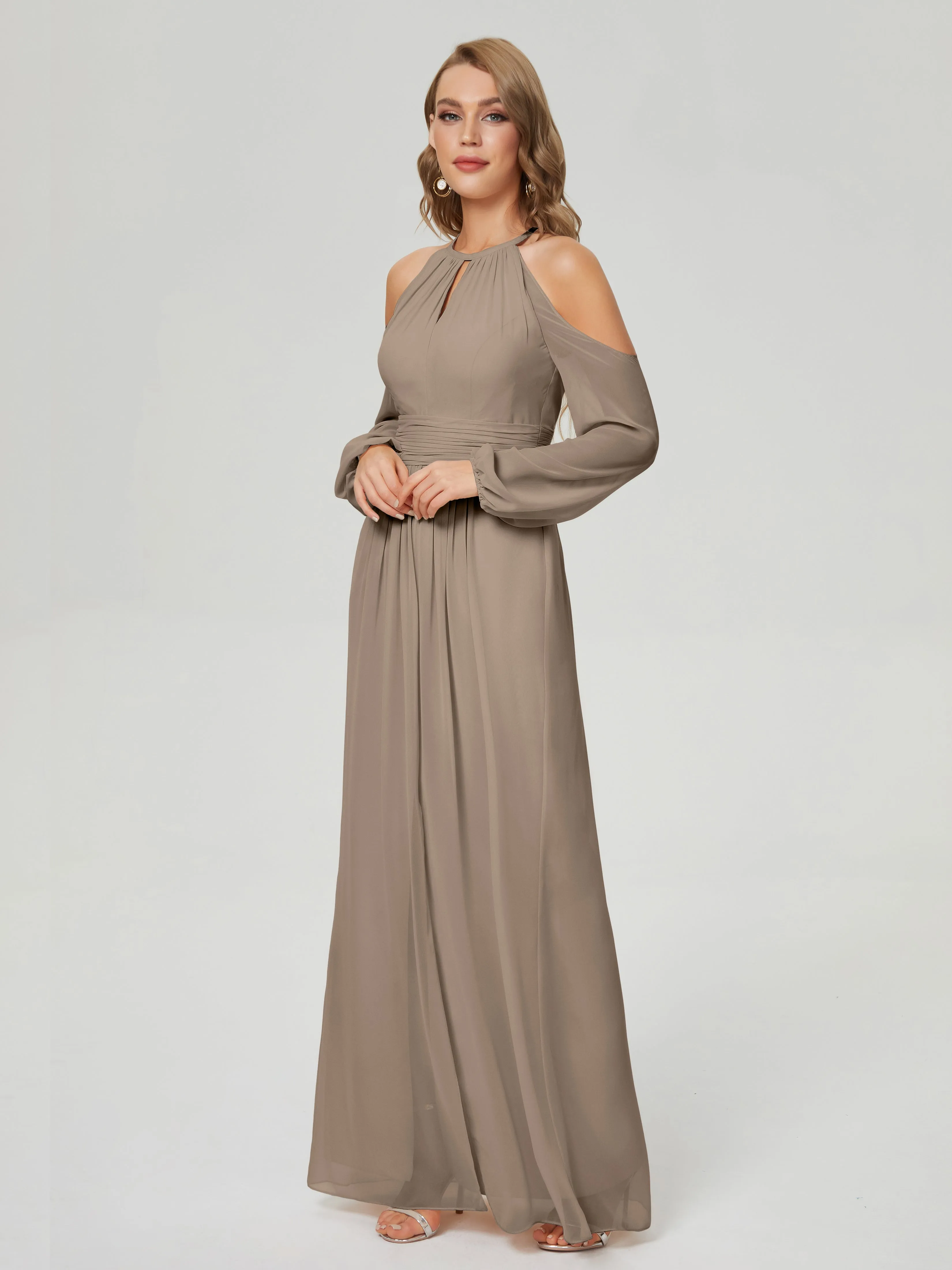 Phoebe Halter Long Sleeves Chiffon Bridesmaid Dresses