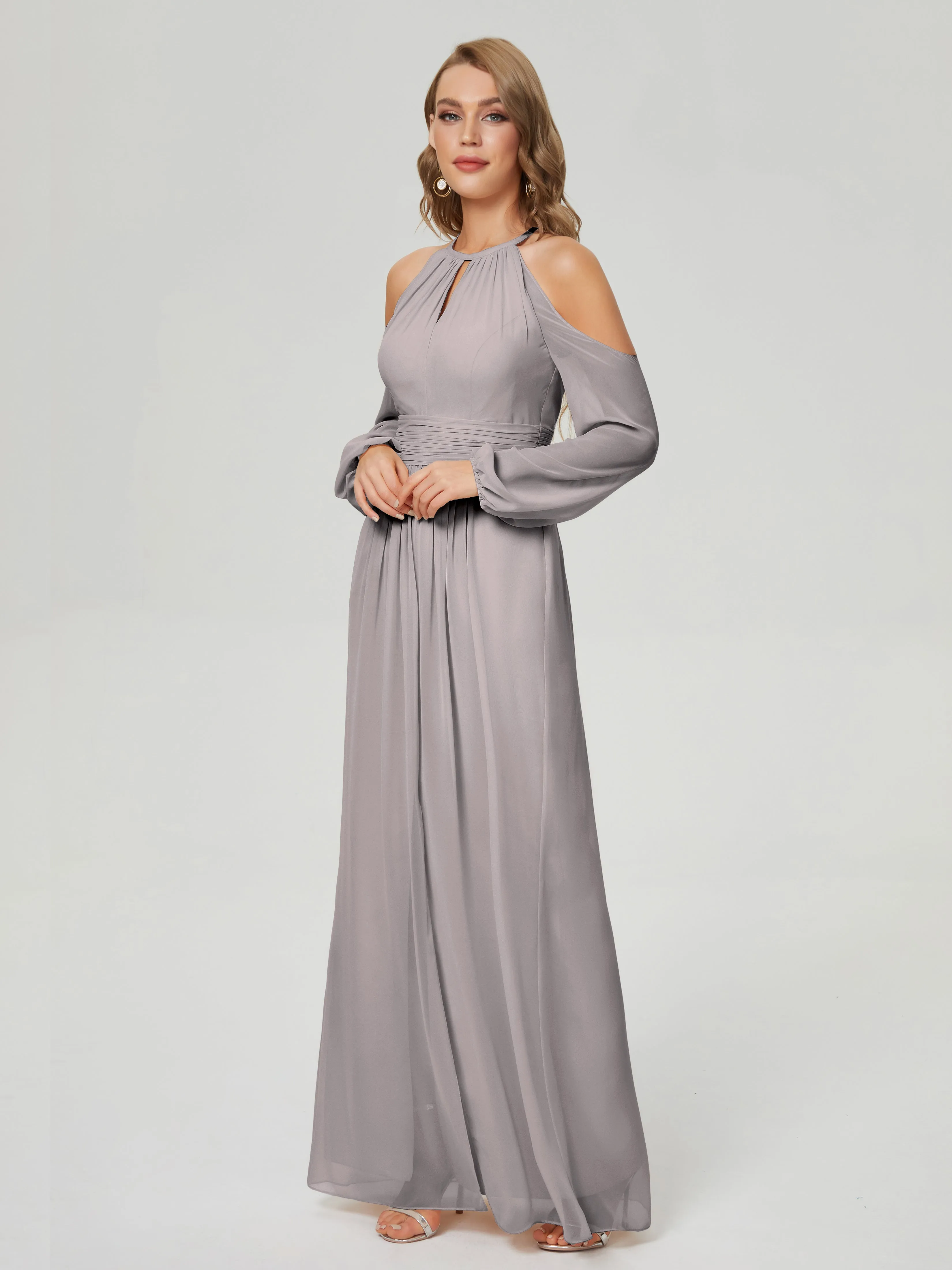 Phoebe Halter Long Sleeves Chiffon Bridesmaid Dresses
