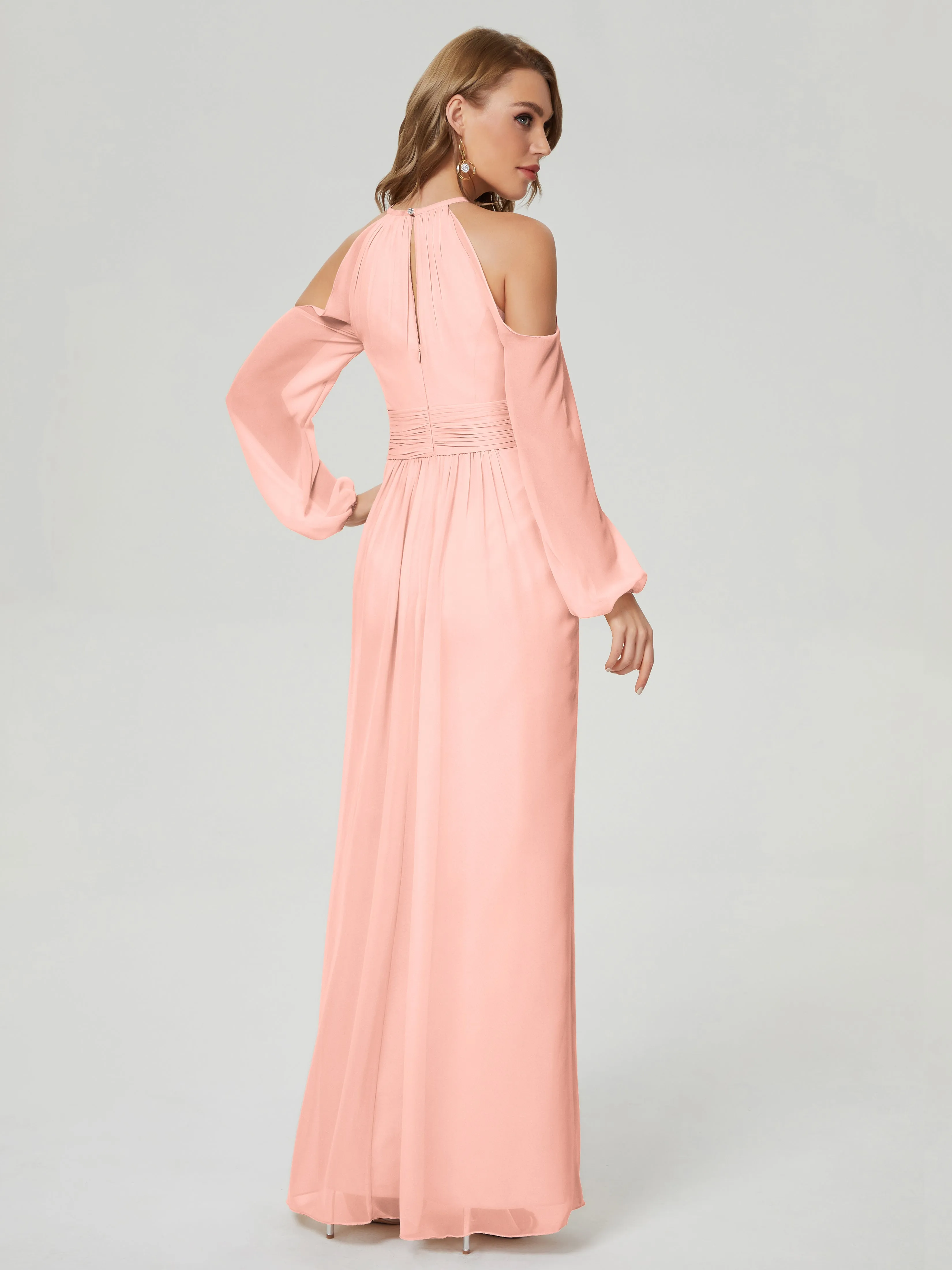 Phoebe Halter Long Sleeves Chiffon Bridesmaid Dresses