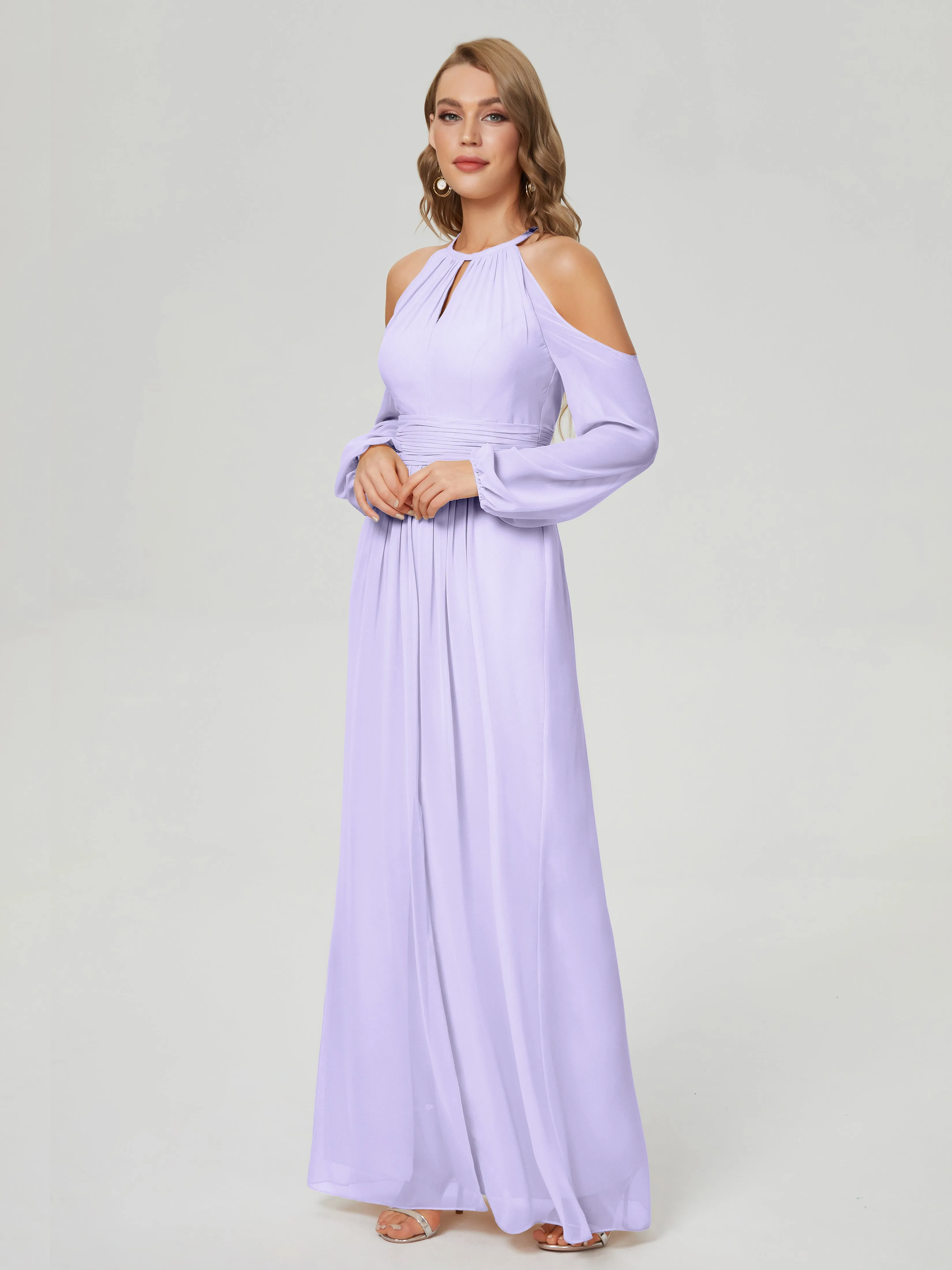 Phoebe Halter Long Sleeves Chiffon Bridesmaid Dresses