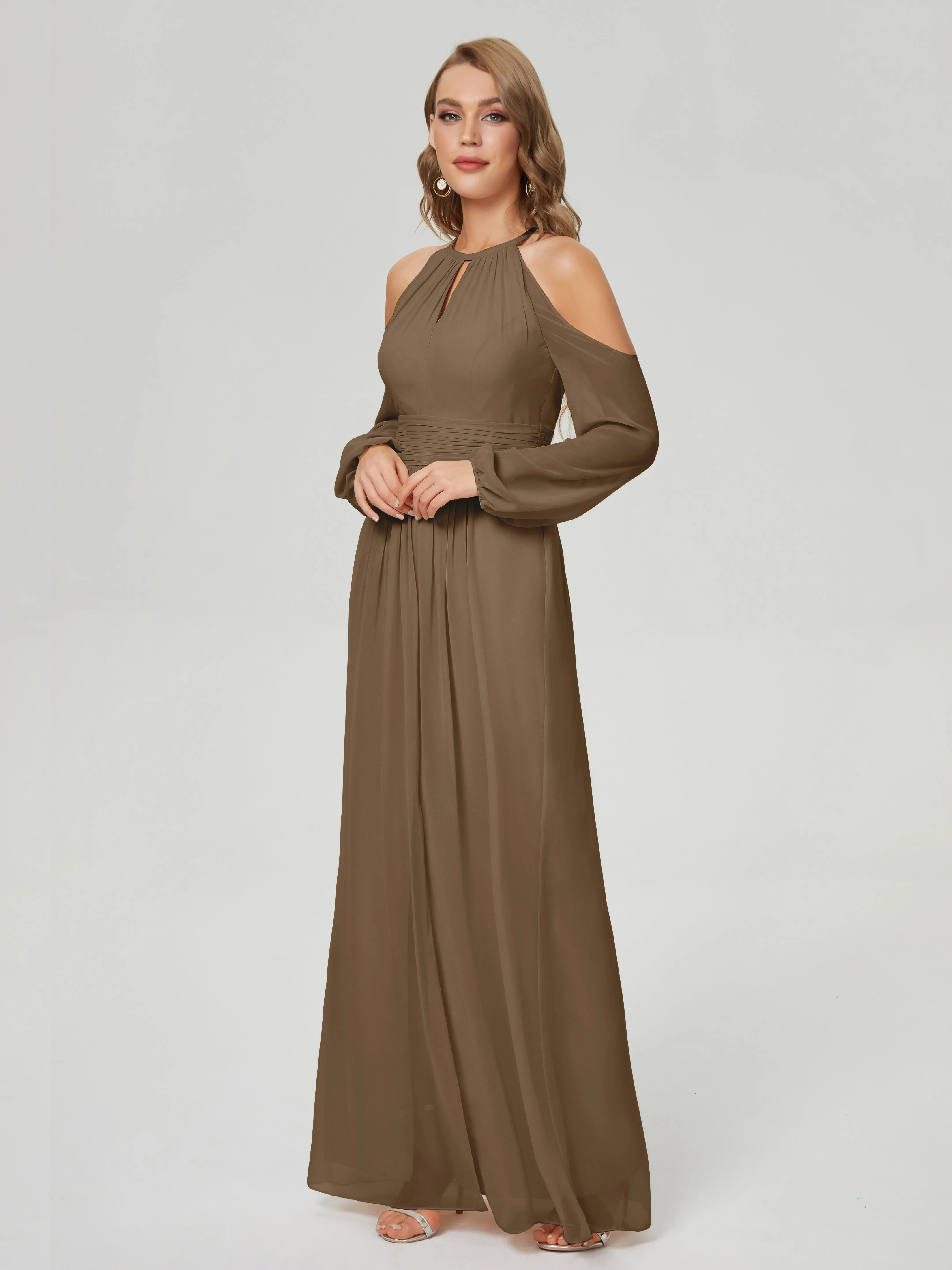Phoebe Halter Long Sleeves Chiffon Bridesmaid Dresses