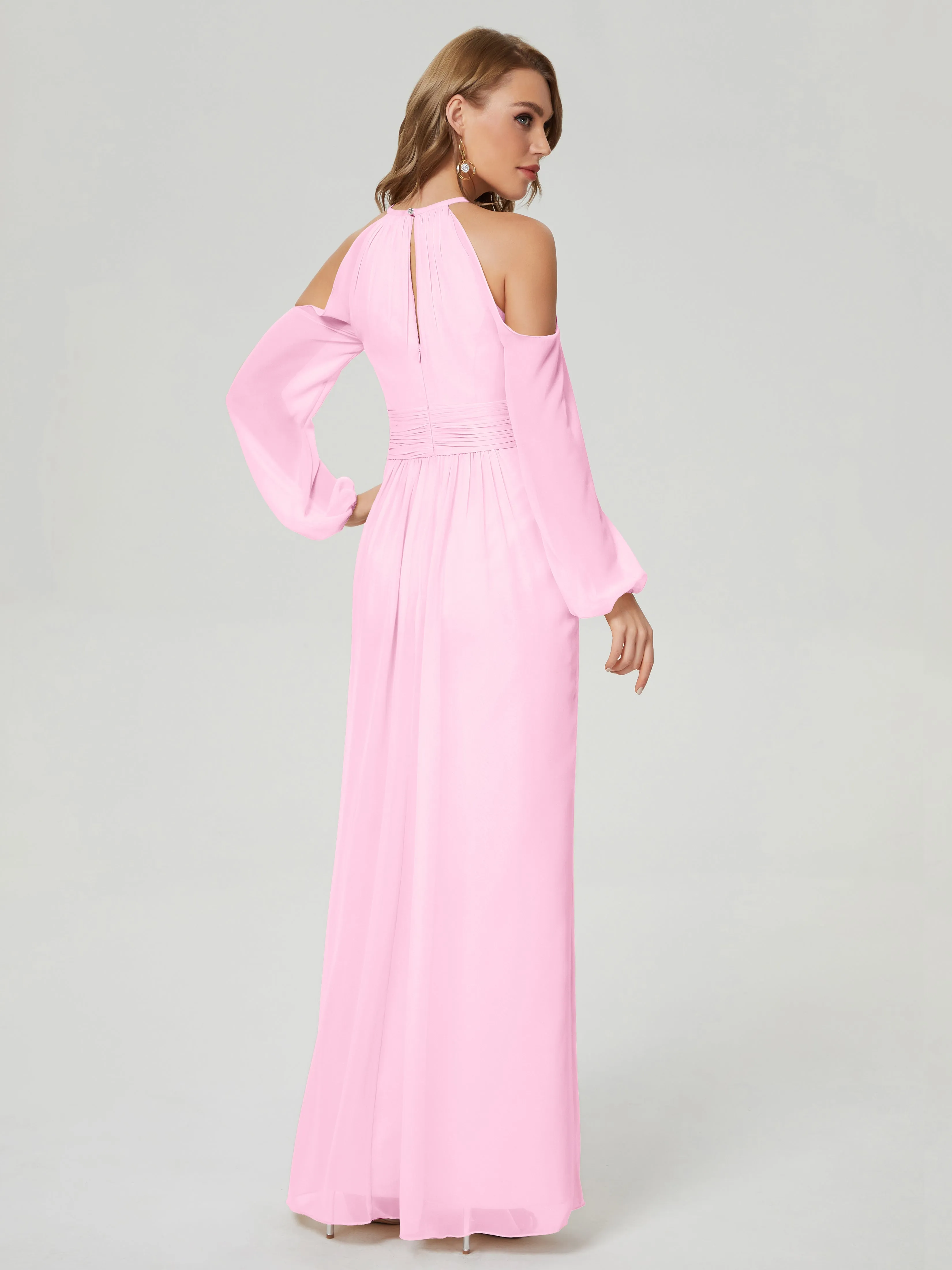 Phoebe Halter Long Sleeves Chiffon Bridesmaid Dresses