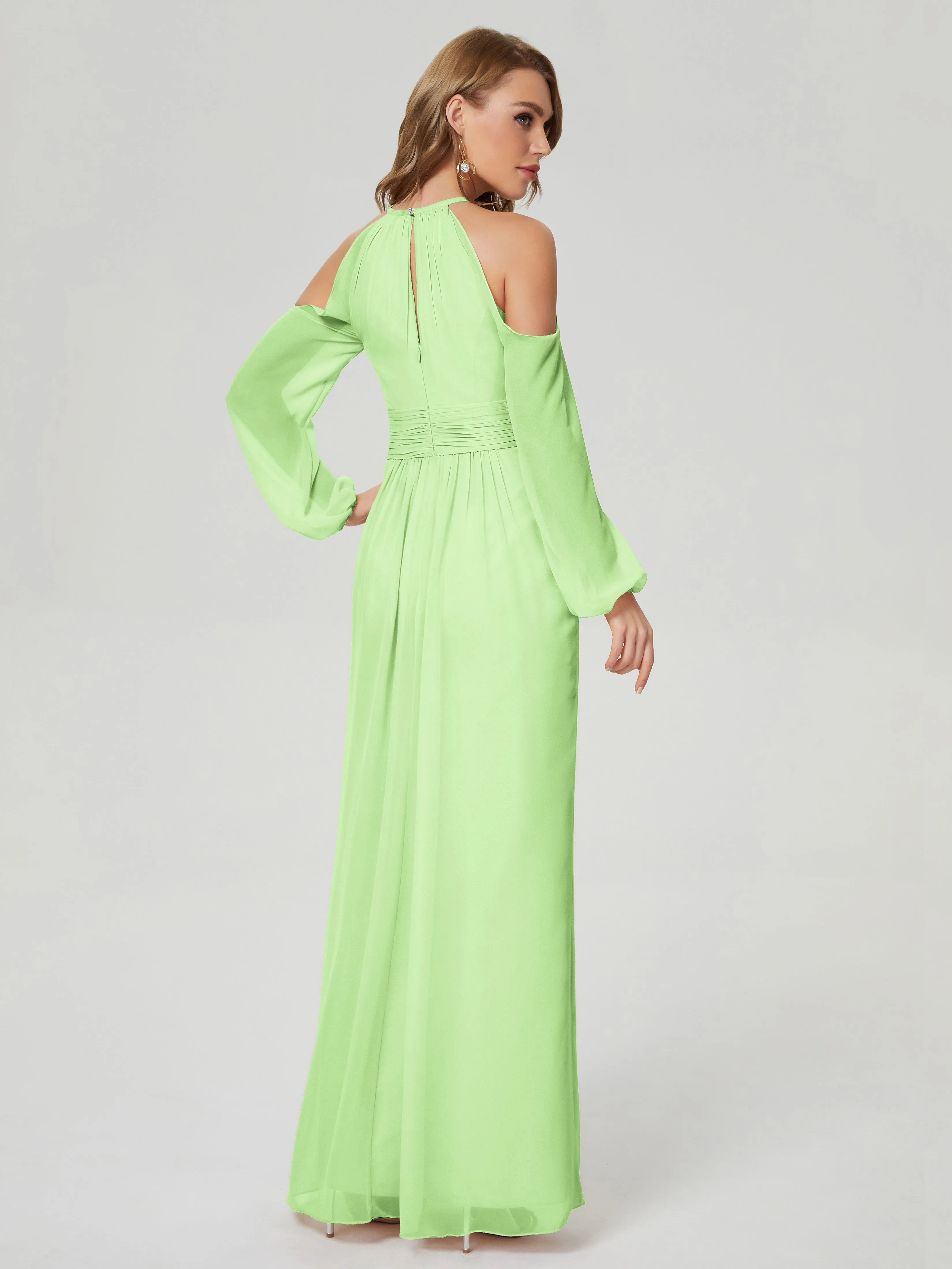 Phoebe Halter Long Sleeves Chiffon Bridesmaid Dresses