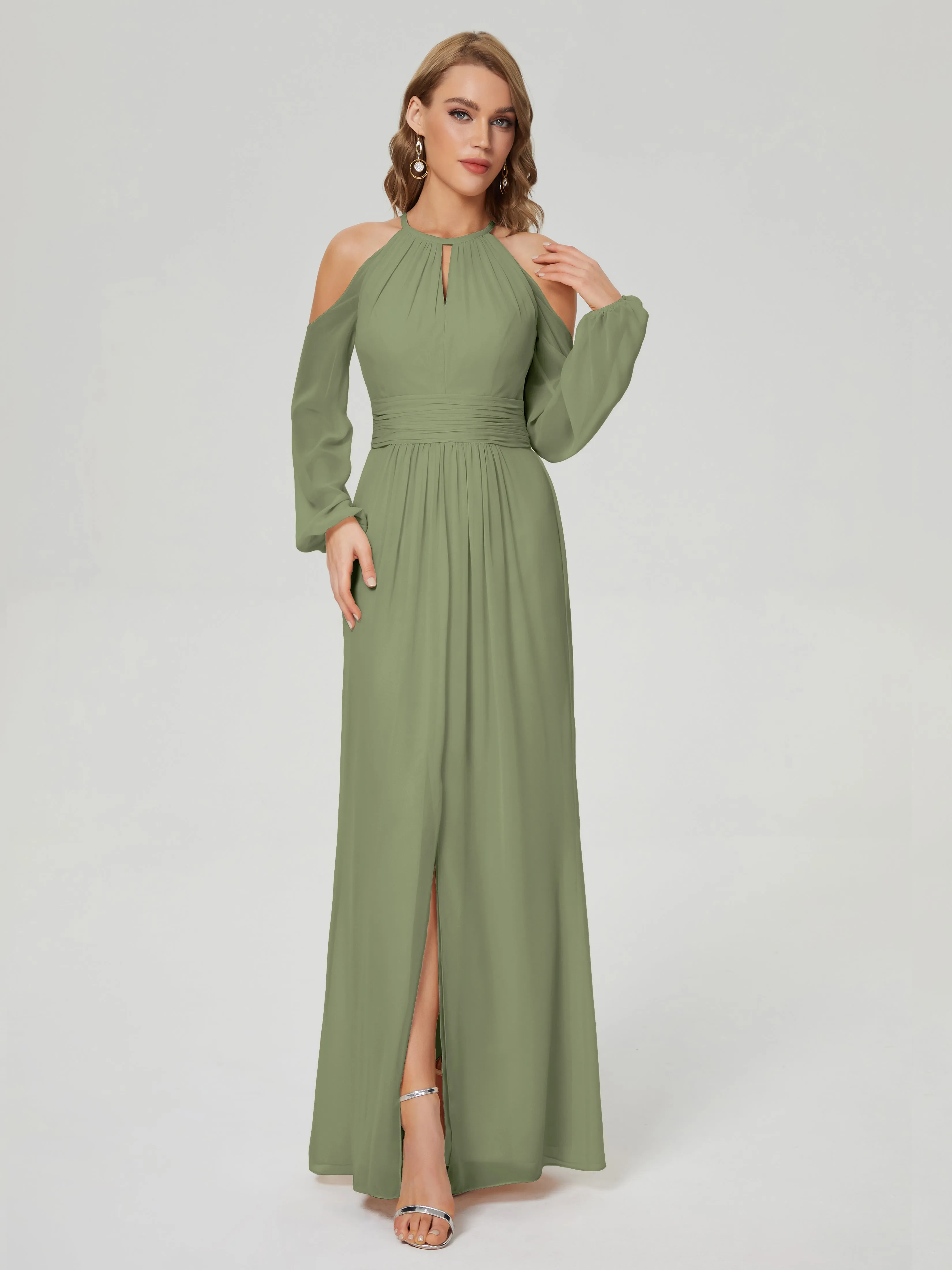 Phoebe Halter Long Sleeves Chiffon Bridesmaid Dresses