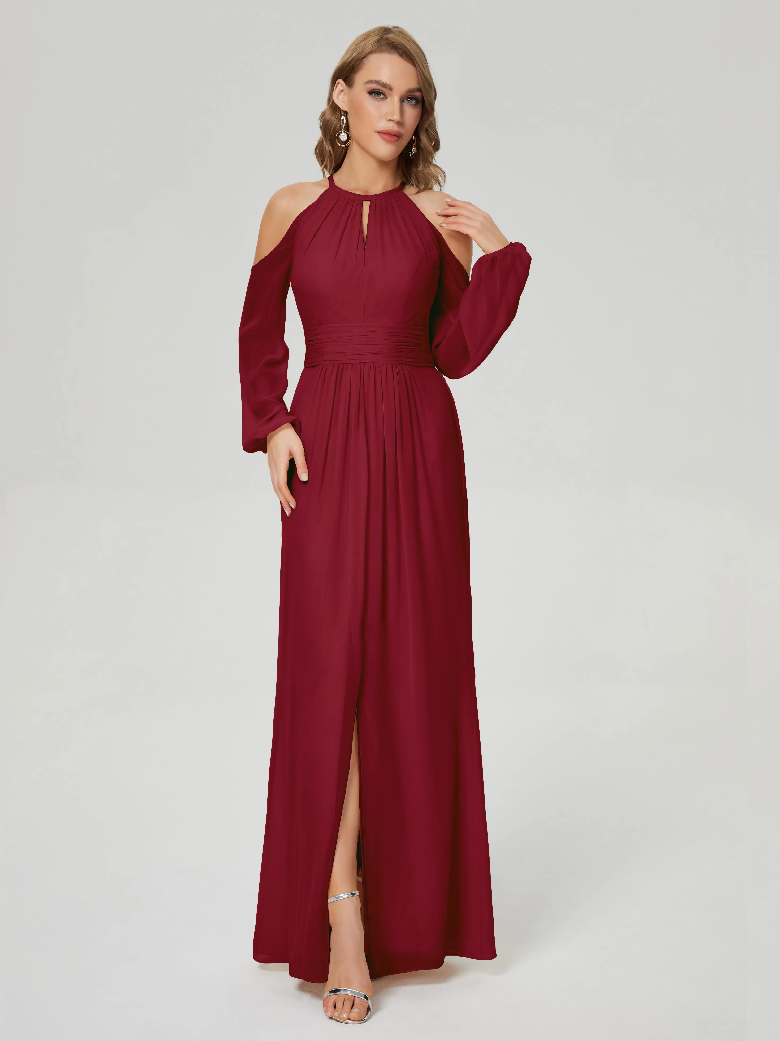 Phoebe Halter Long Sleeves Chiffon Bridesmaid Dresses