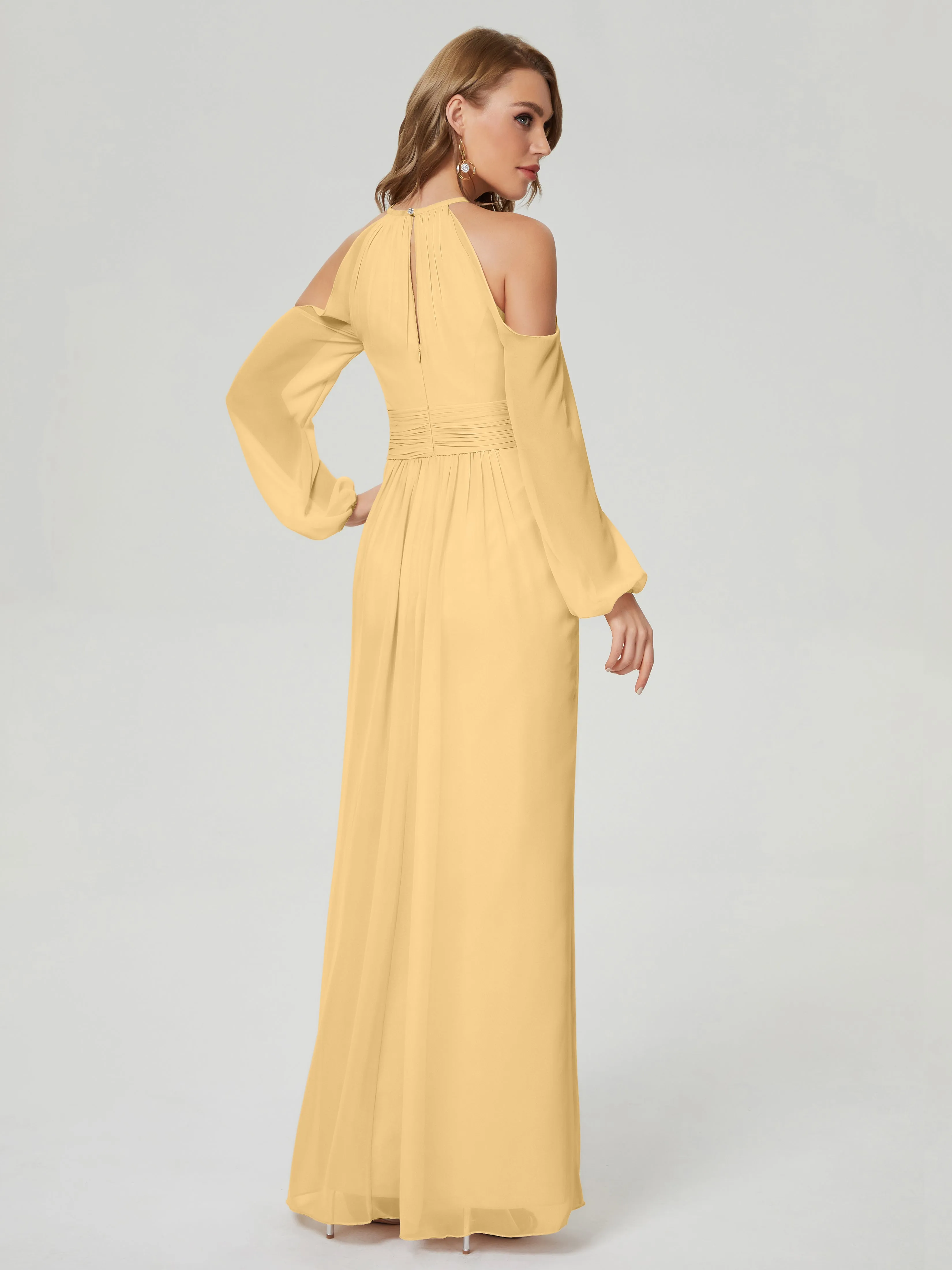 Phoebe Halter Long Sleeves Chiffon Bridesmaid Dresses