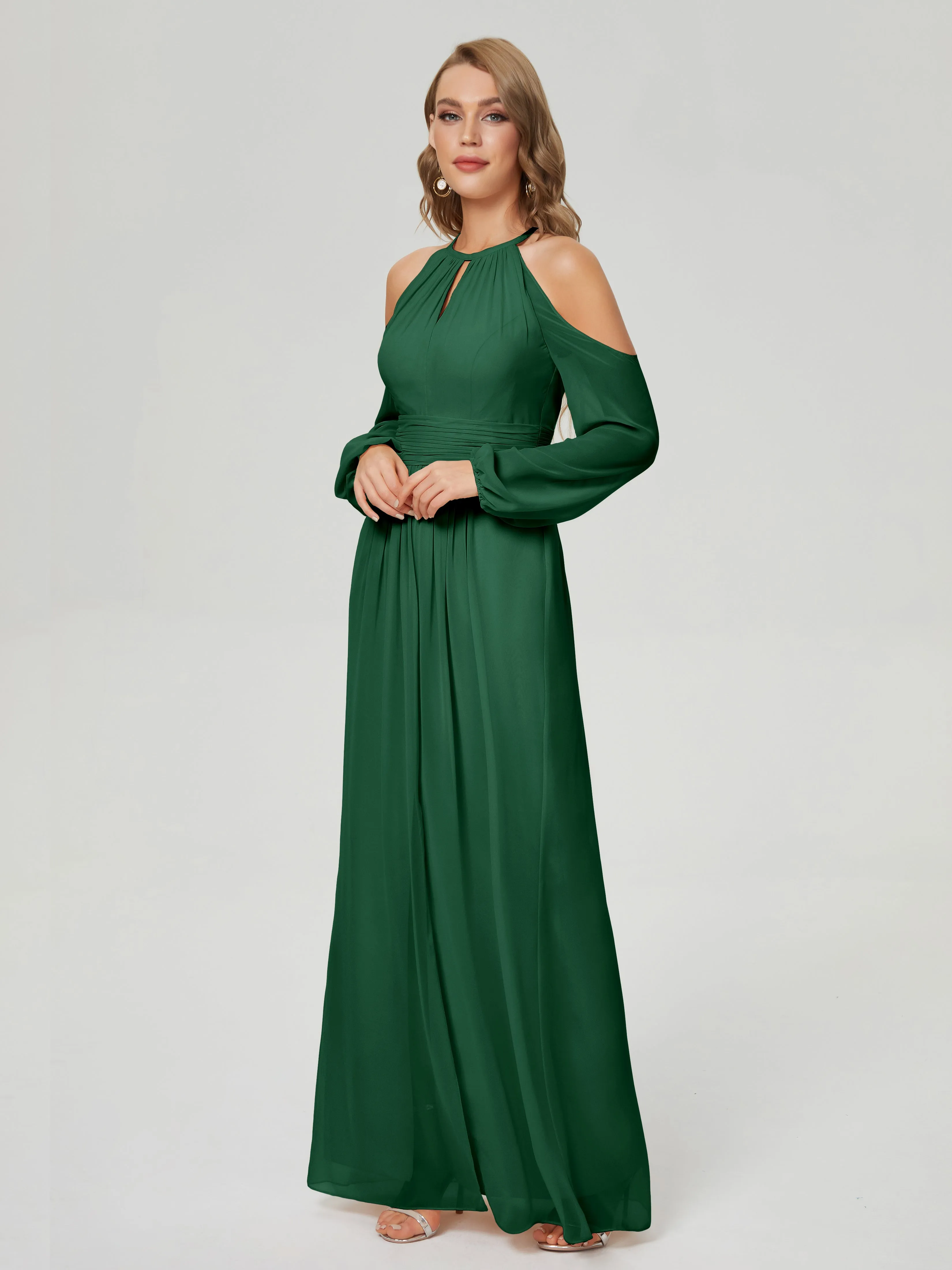 Phoebe Halter Long Sleeves Chiffon Bridesmaid Dresses