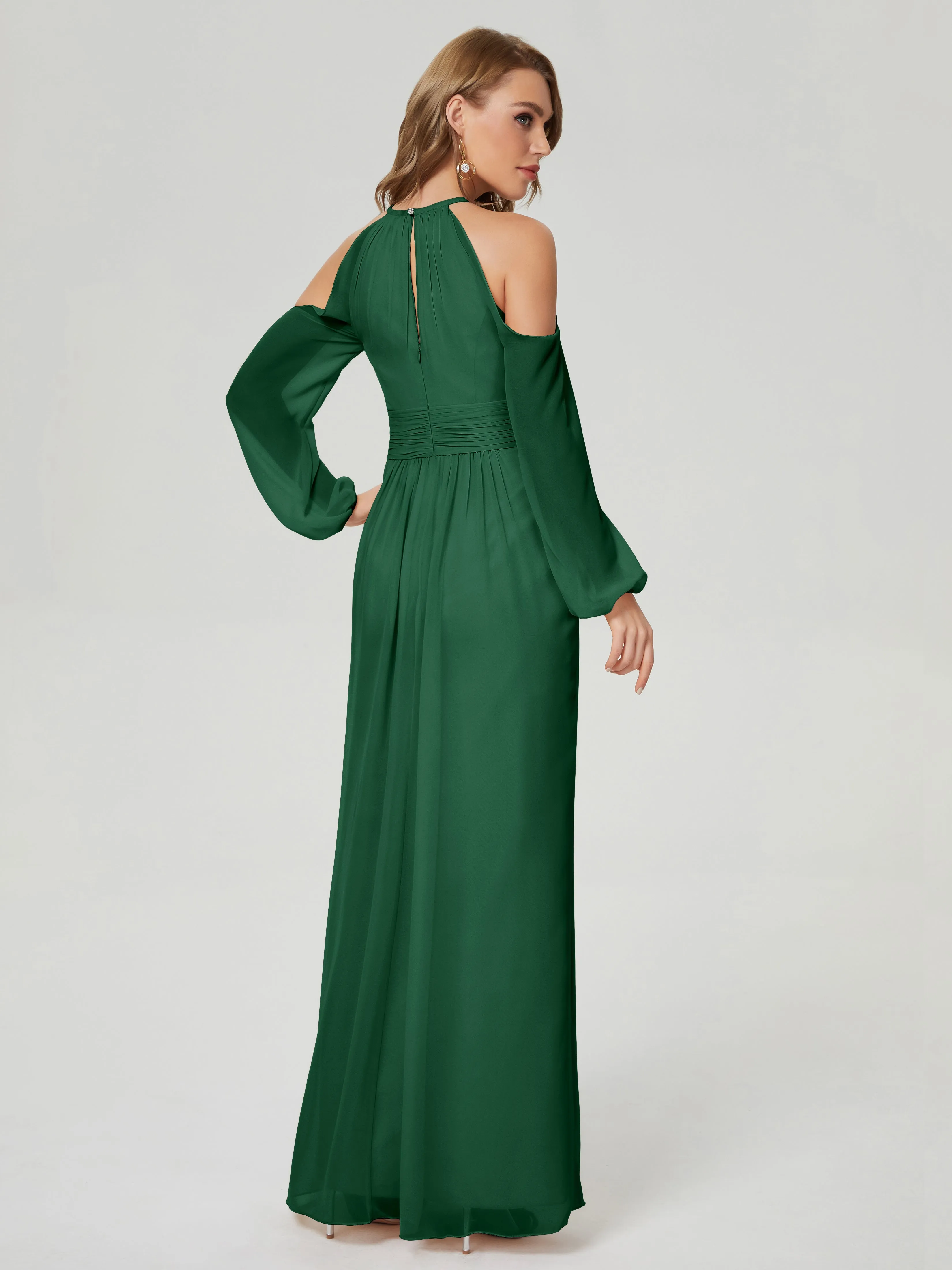 Phoebe Halter Long Sleeves Chiffon Bridesmaid Dresses