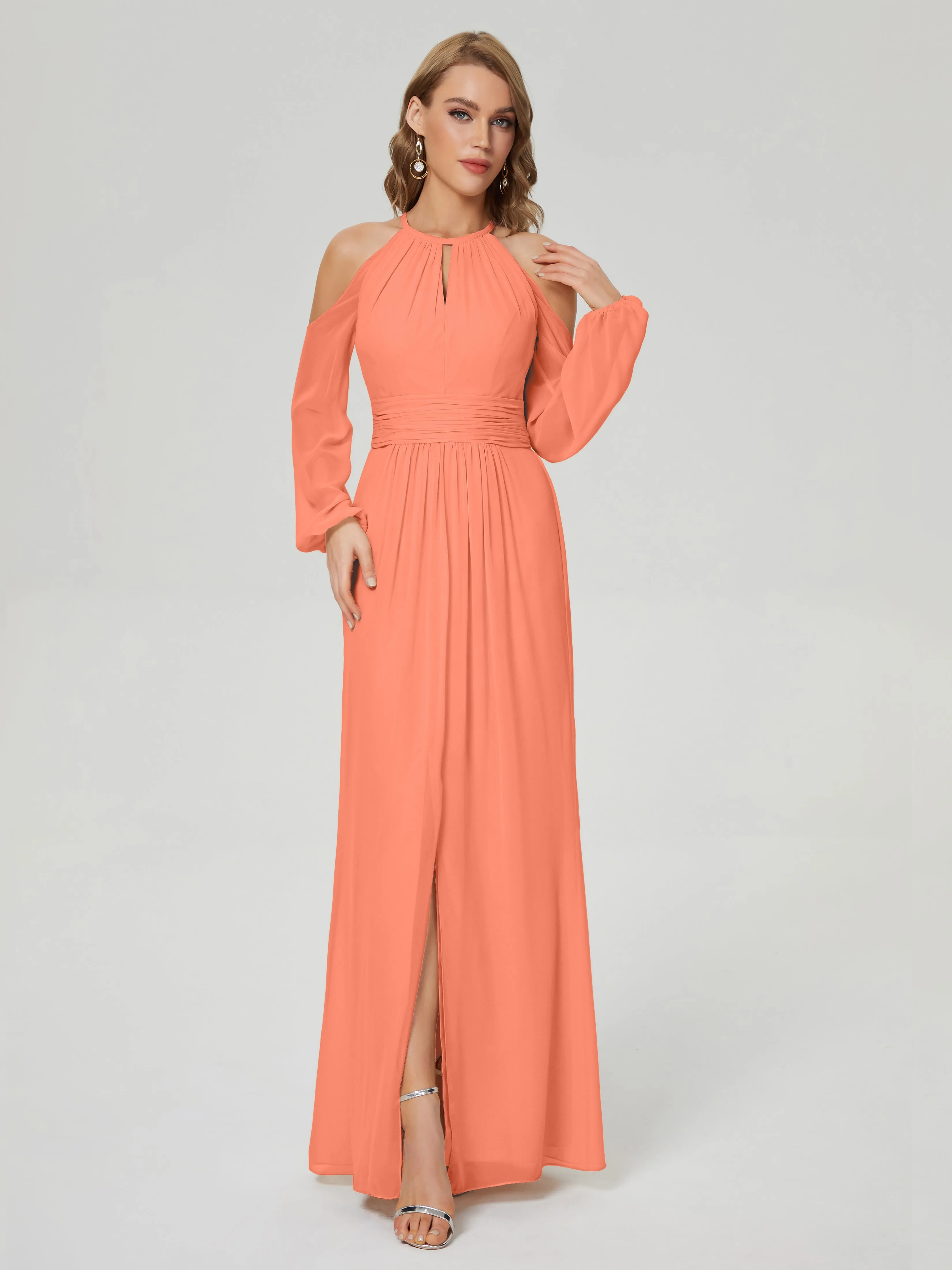 Phoebe Halter Long Sleeves Chiffon Bridesmaid Dresses