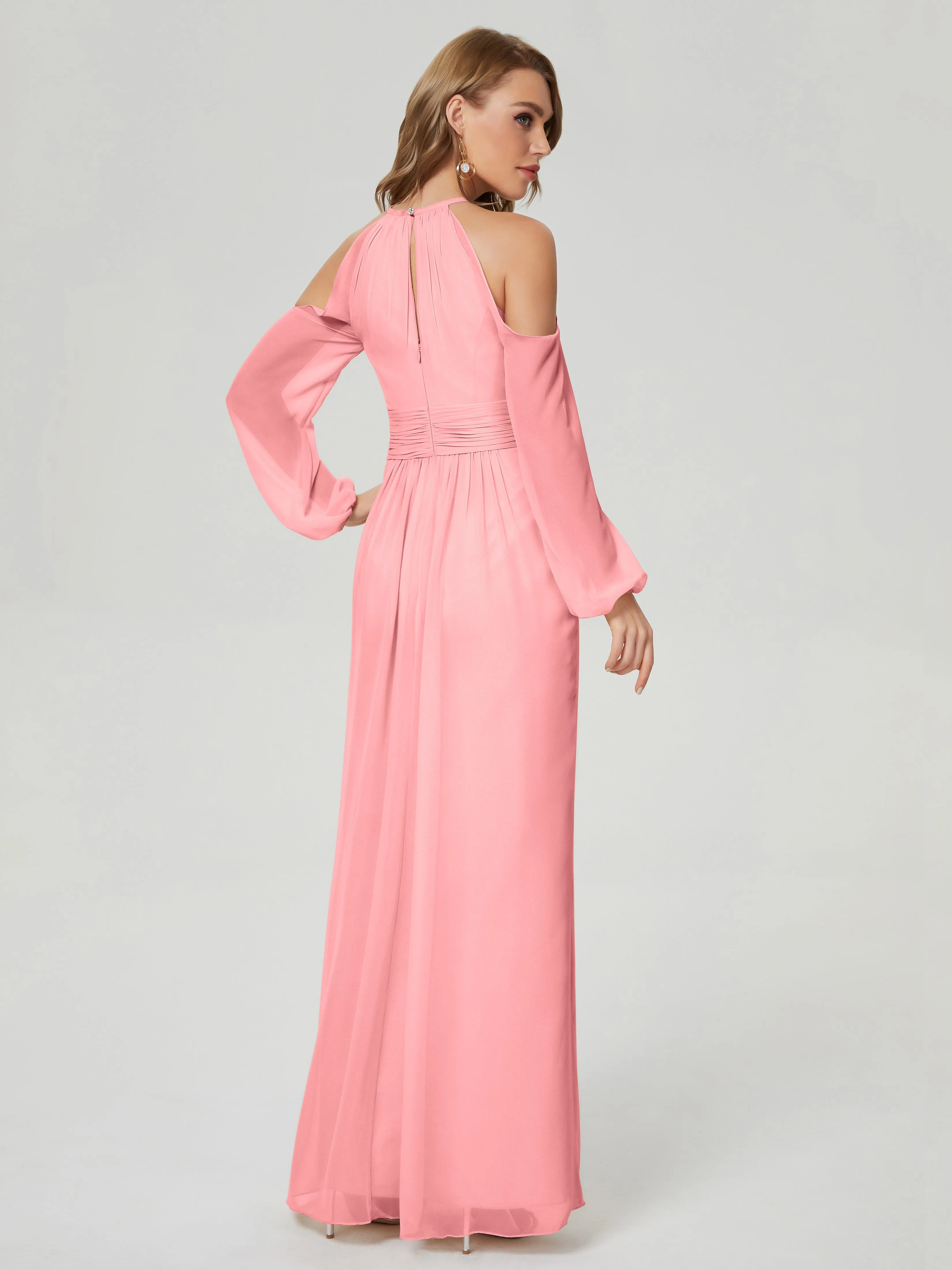 Phoebe Halter Long Sleeves Chiffon Bridesmaid Dresses