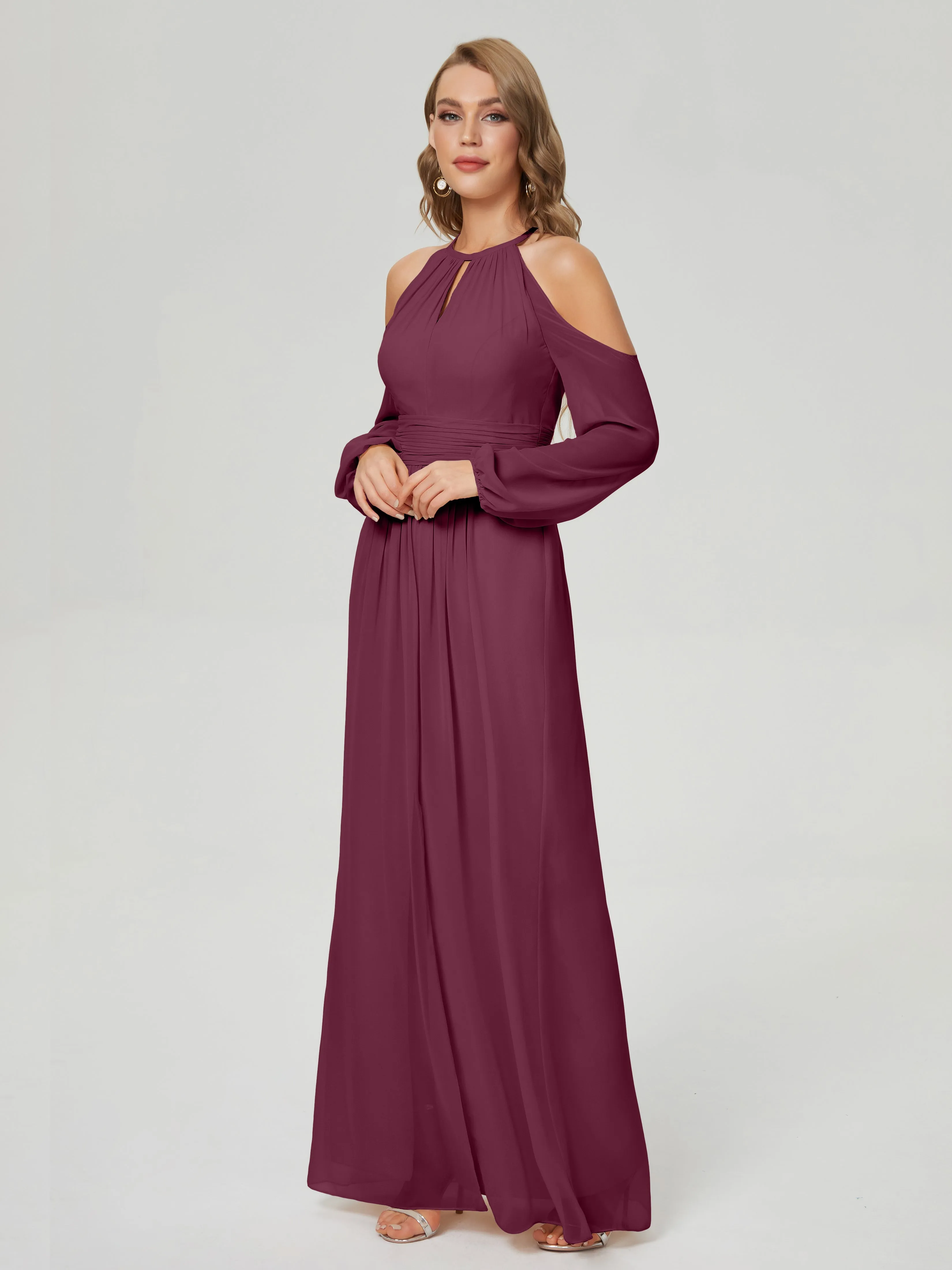 Phoebe Halter Long Sleeves Chiffon Bridesmaid Dresses