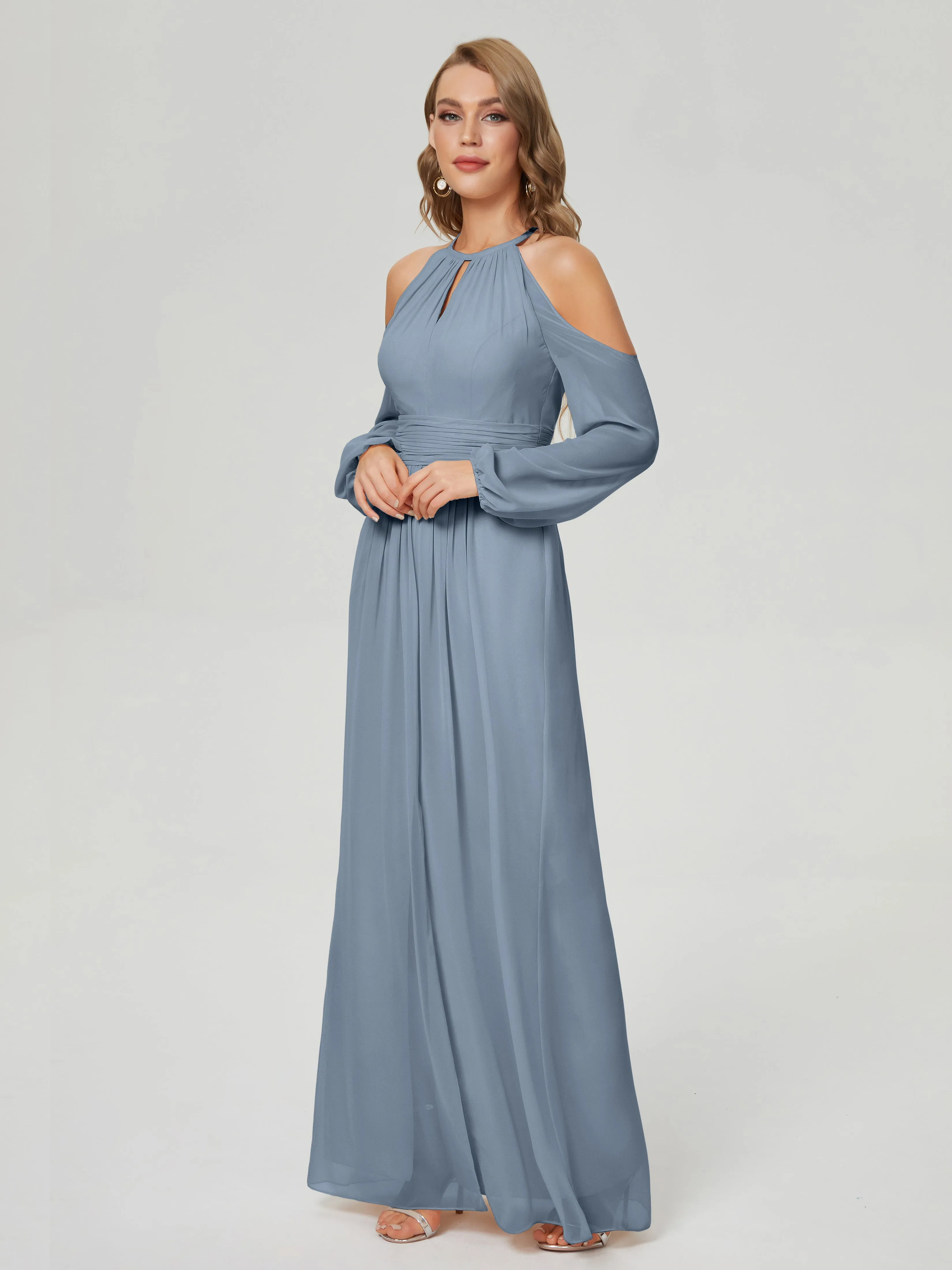 Phoebe Halter Long Sleeves Chiffon Bridesmaid Dresses
