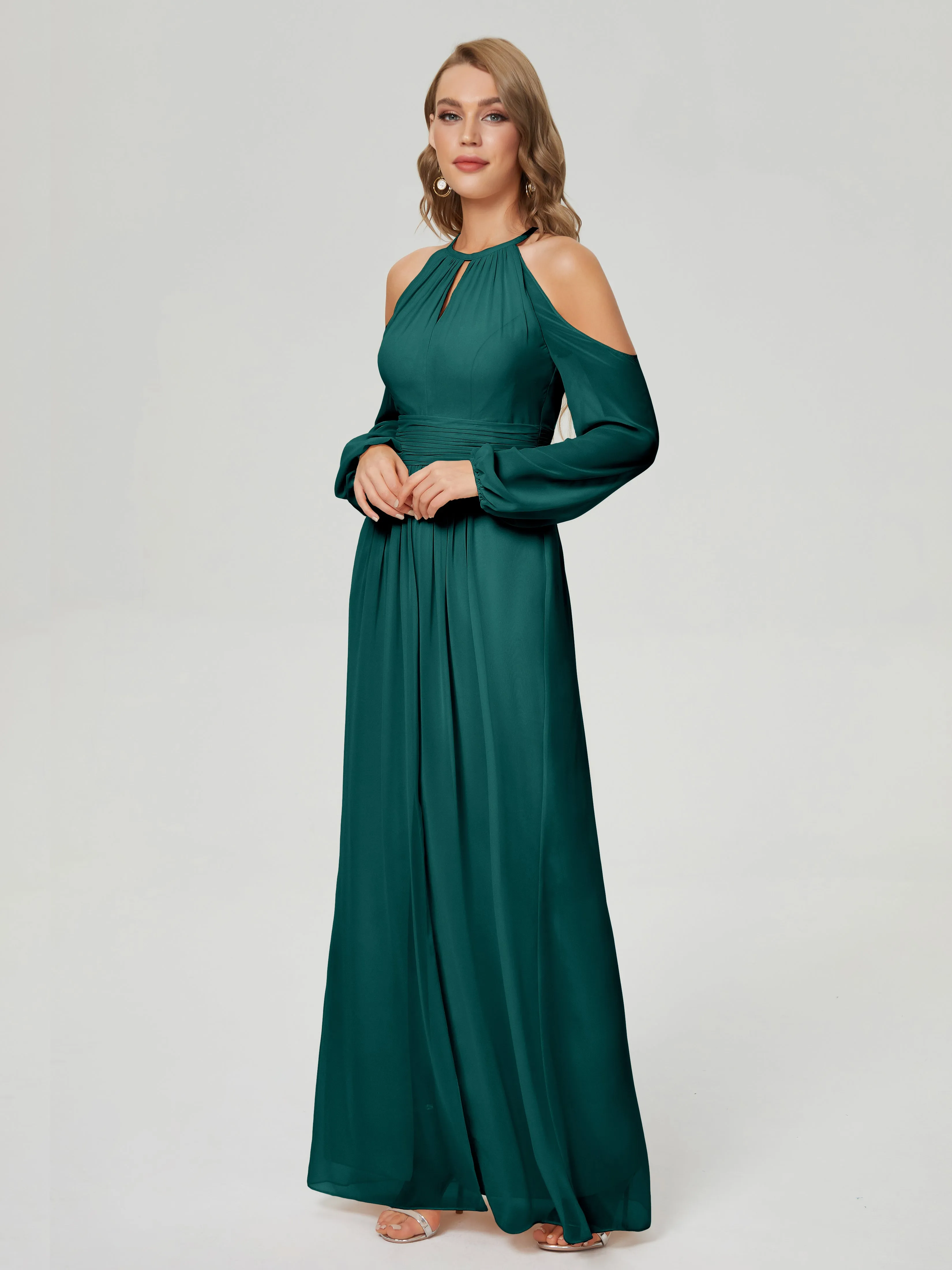 Phoebe Halter Long Sleeves Chiffon Bridesmaid Dresses