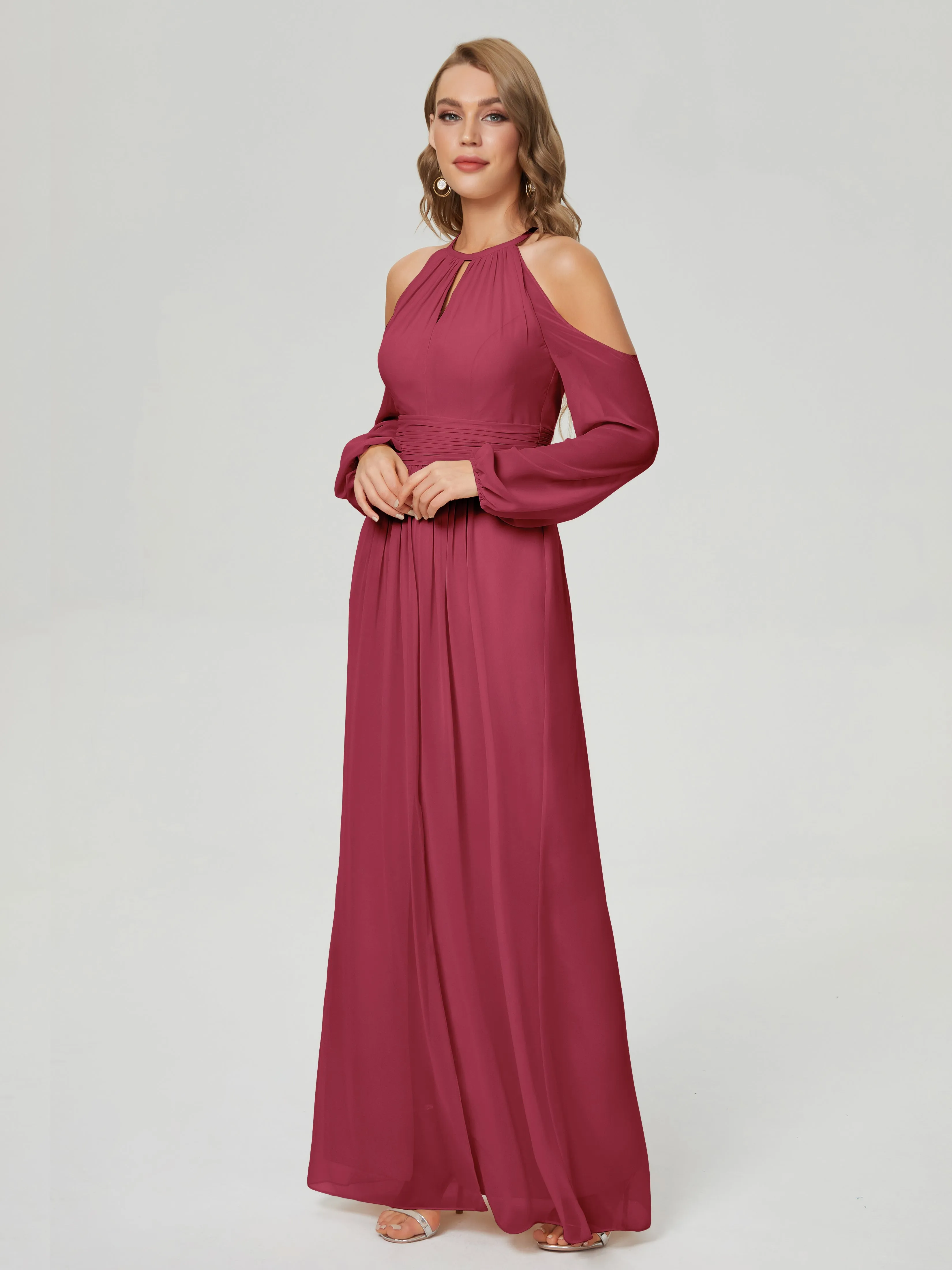 Phoebe Halter Long Sleeves Chiffon Bridesmaid Dresses