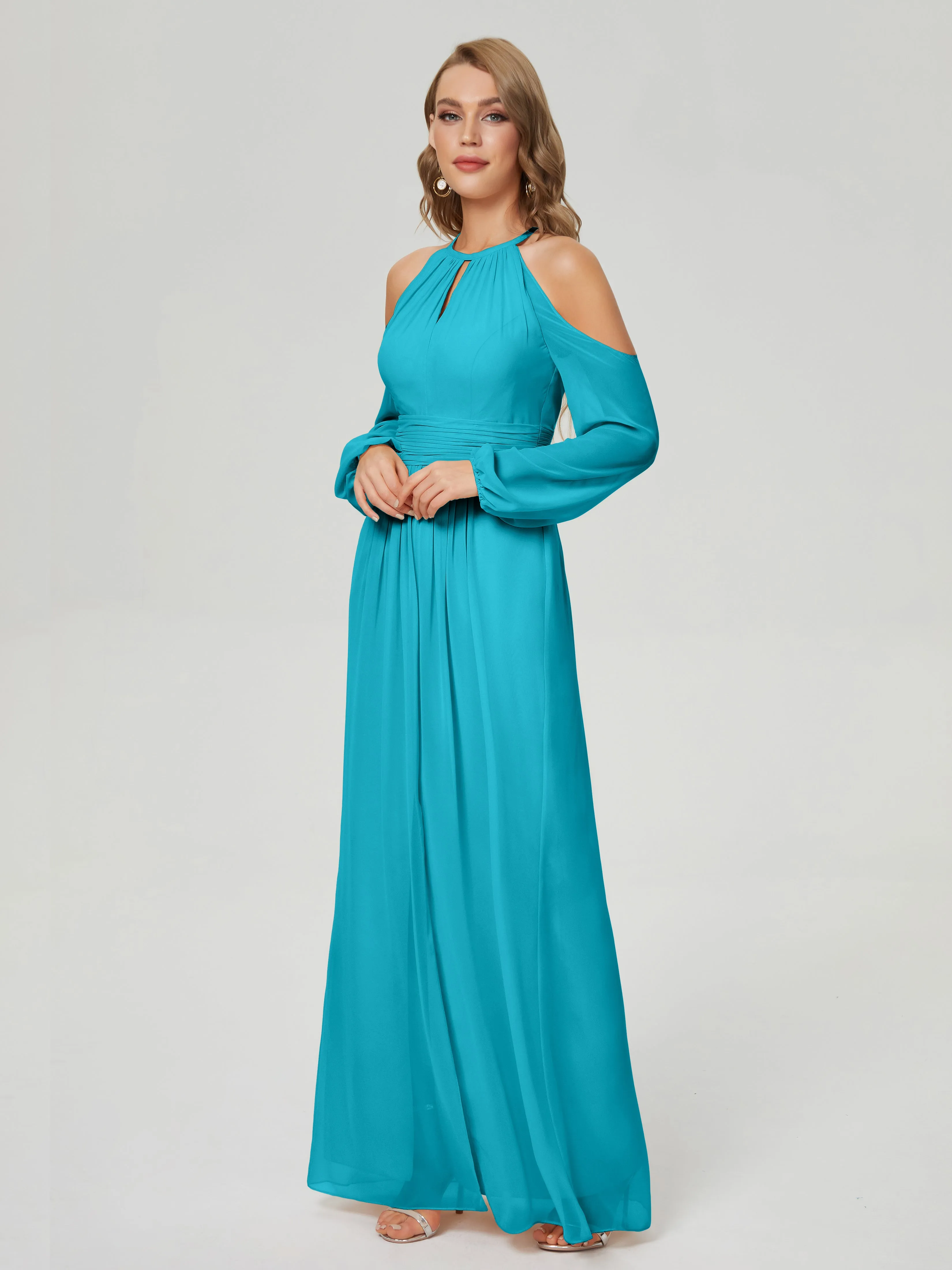 Phoebe Halter Long Sleeves Chiffon Bridesmaid Dresses
