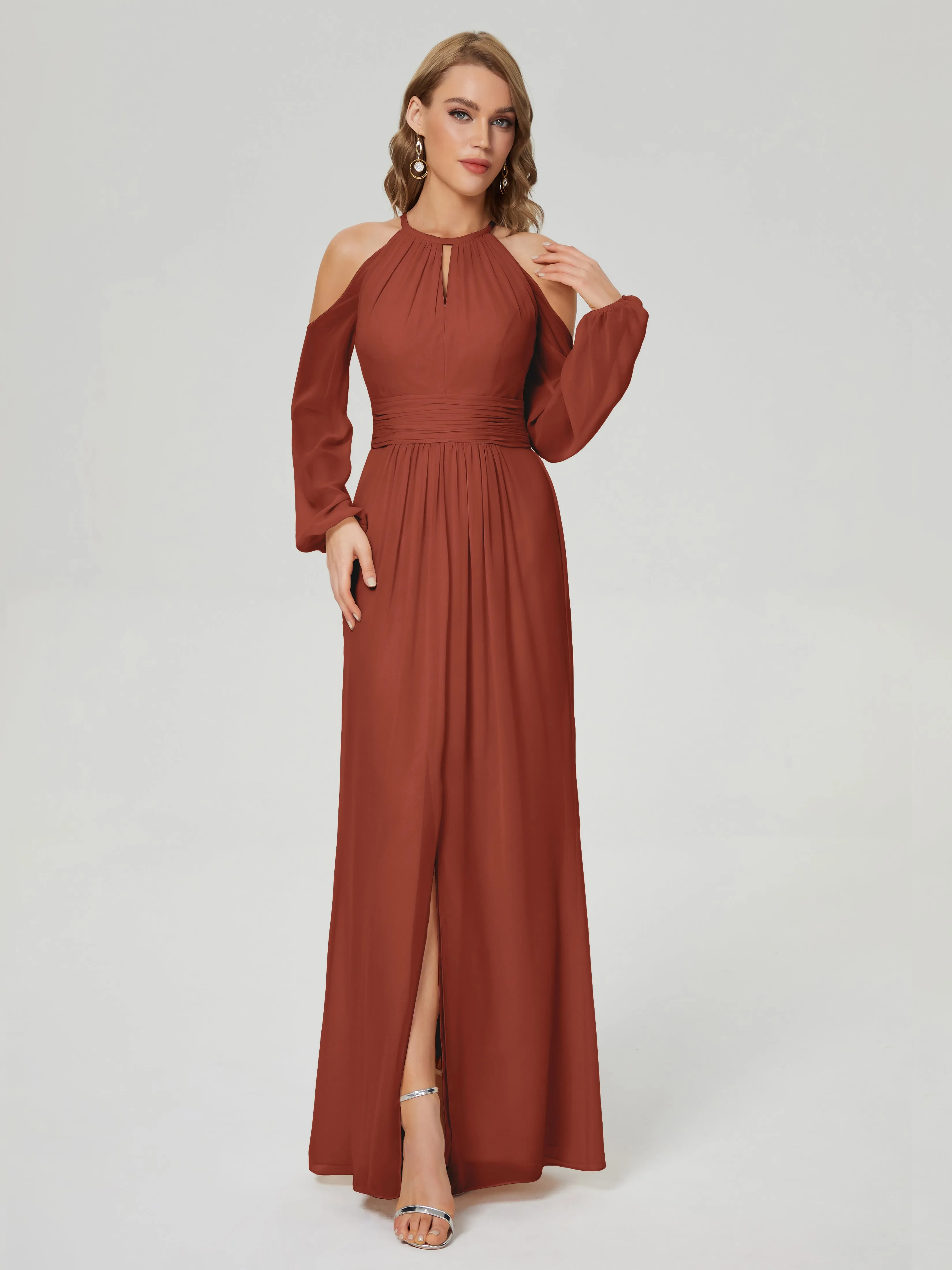 Phoebe Halter Long Sleeves Chiffon Bridesmaid Dresses