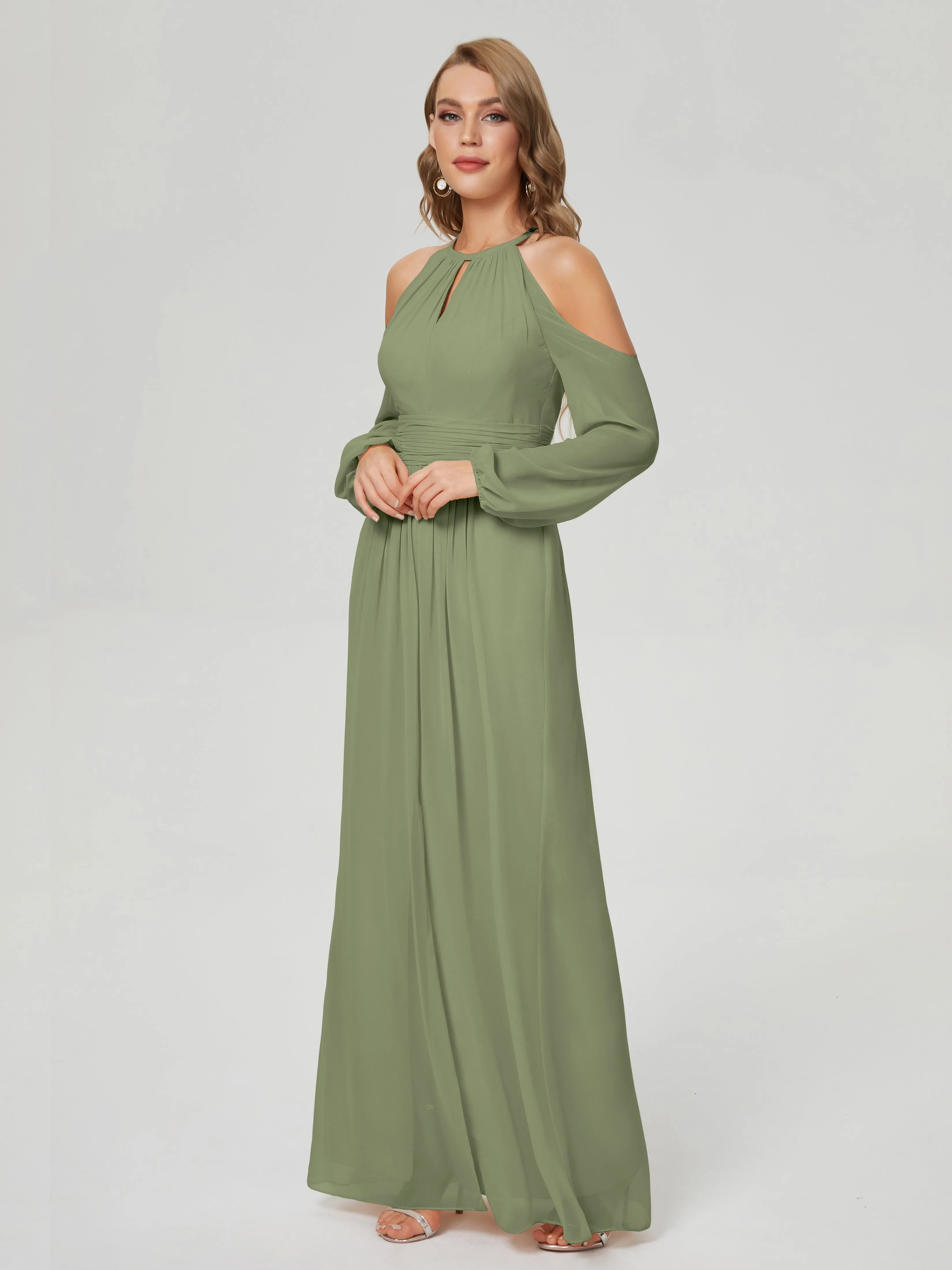 Phoebe Halter Long Sleeves Chiffon Bridesmaid Dresses