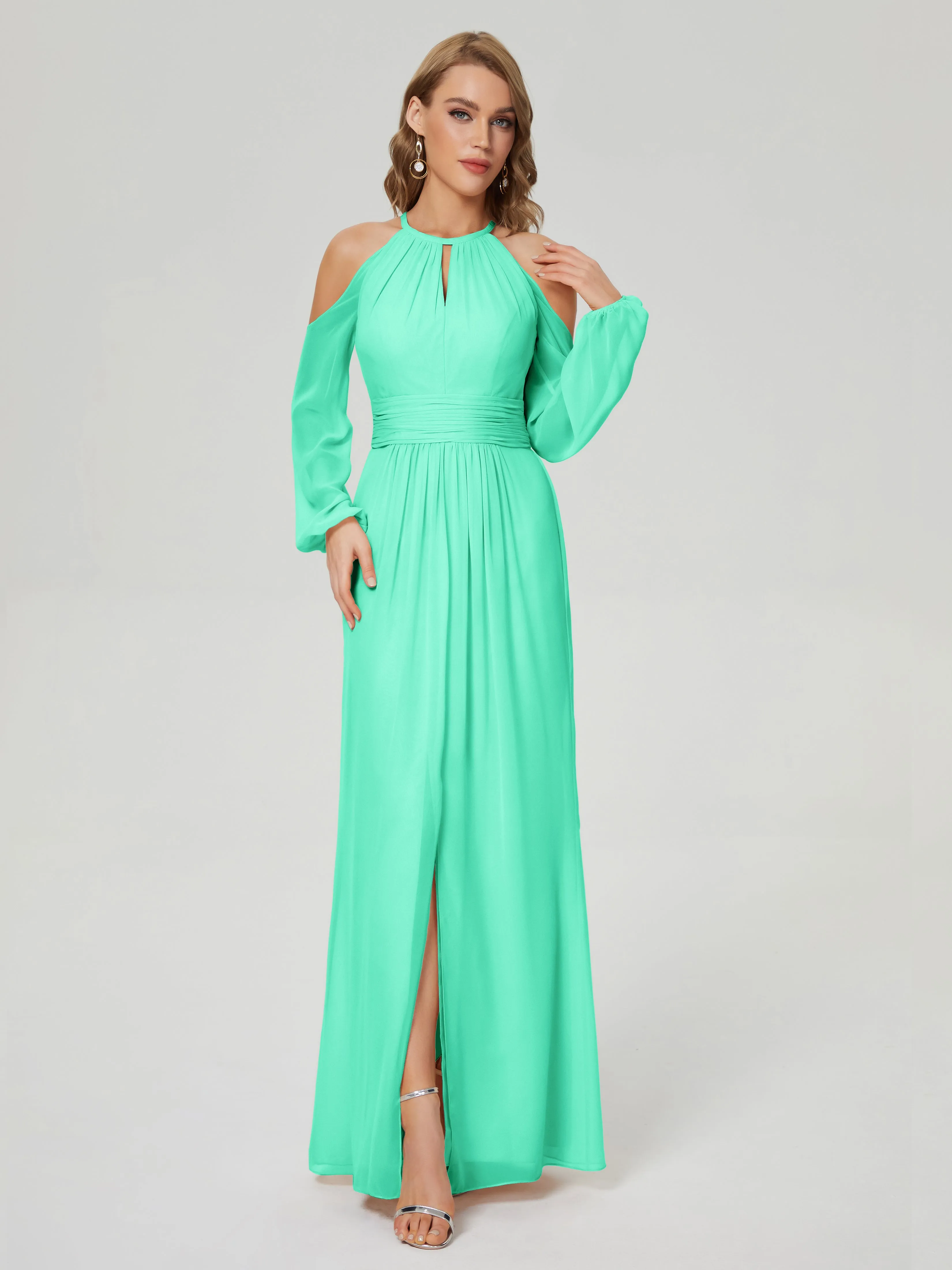 Phoebe Halter Long Sleeves Chiffon Bridesmaid Dresses