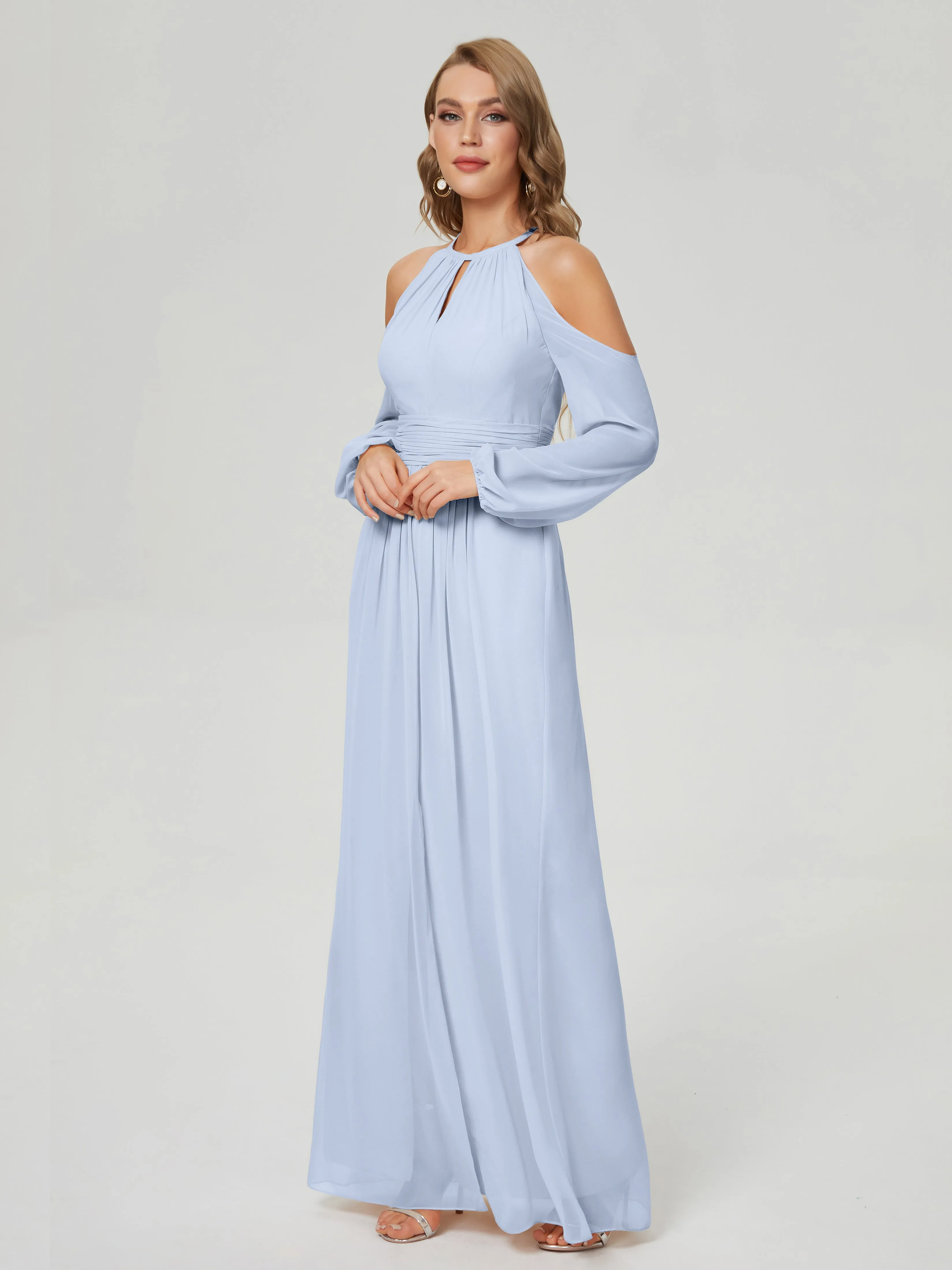 Phoebe Halter Long Sleeves Chiffon Bridesmaid Dresses