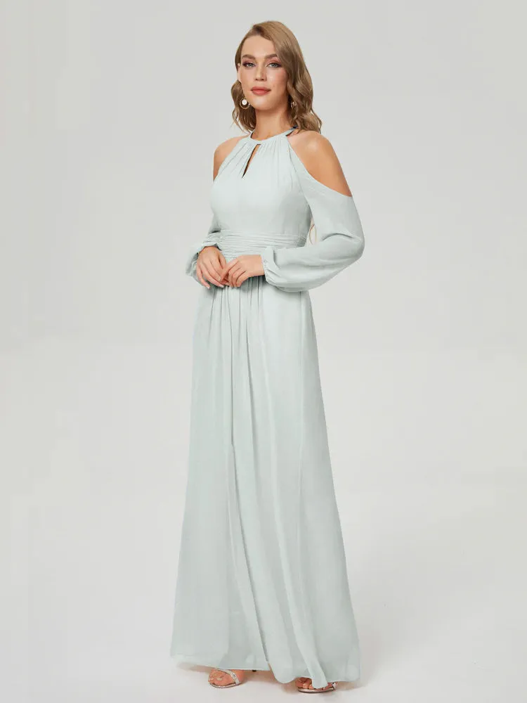 Phoebe Halter Long Sleeves Chiffon Bridesmaid Dresses