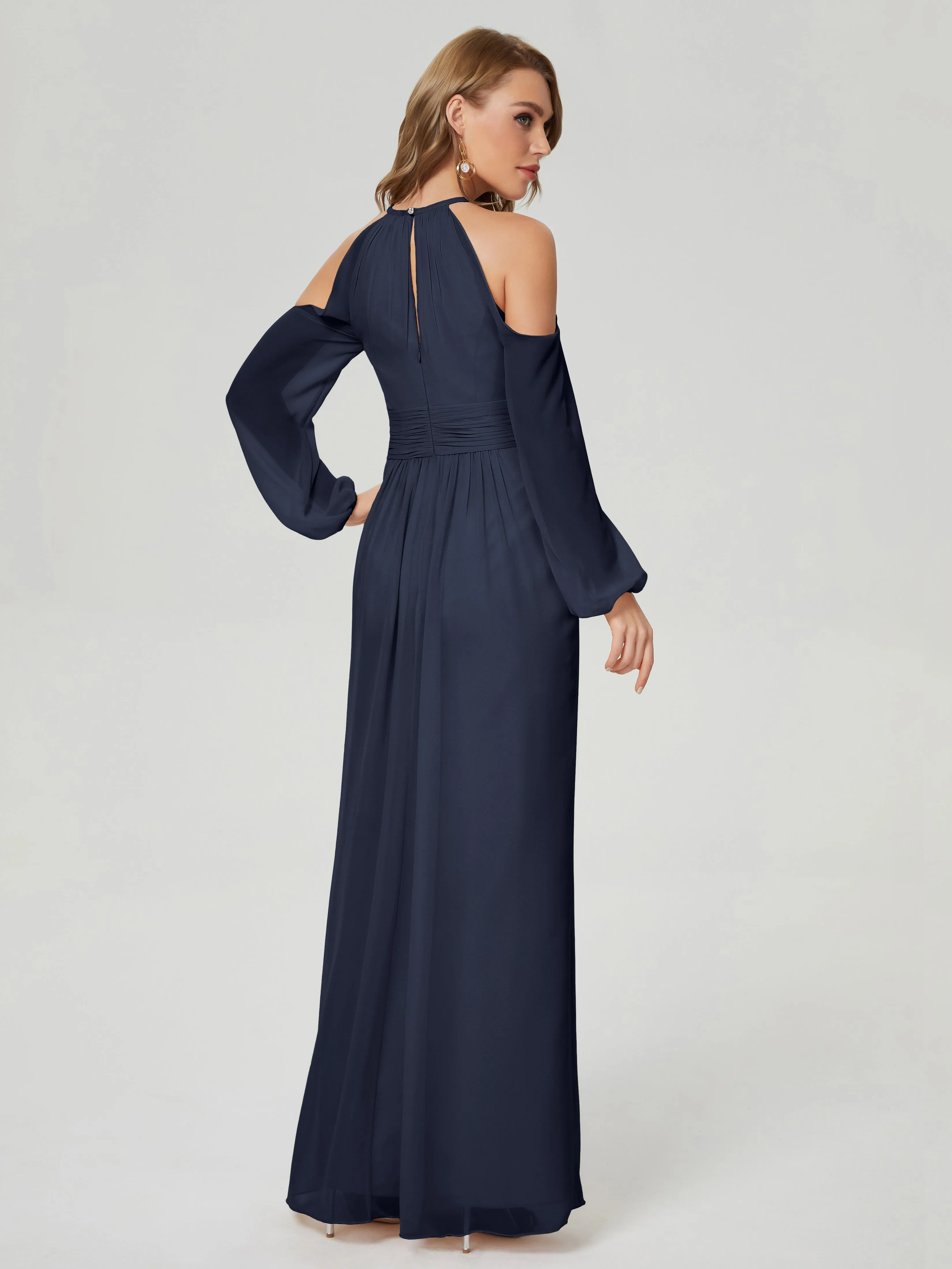 Phoebe Halter Long Sleeves Chiffon Bridesmaid Dresses