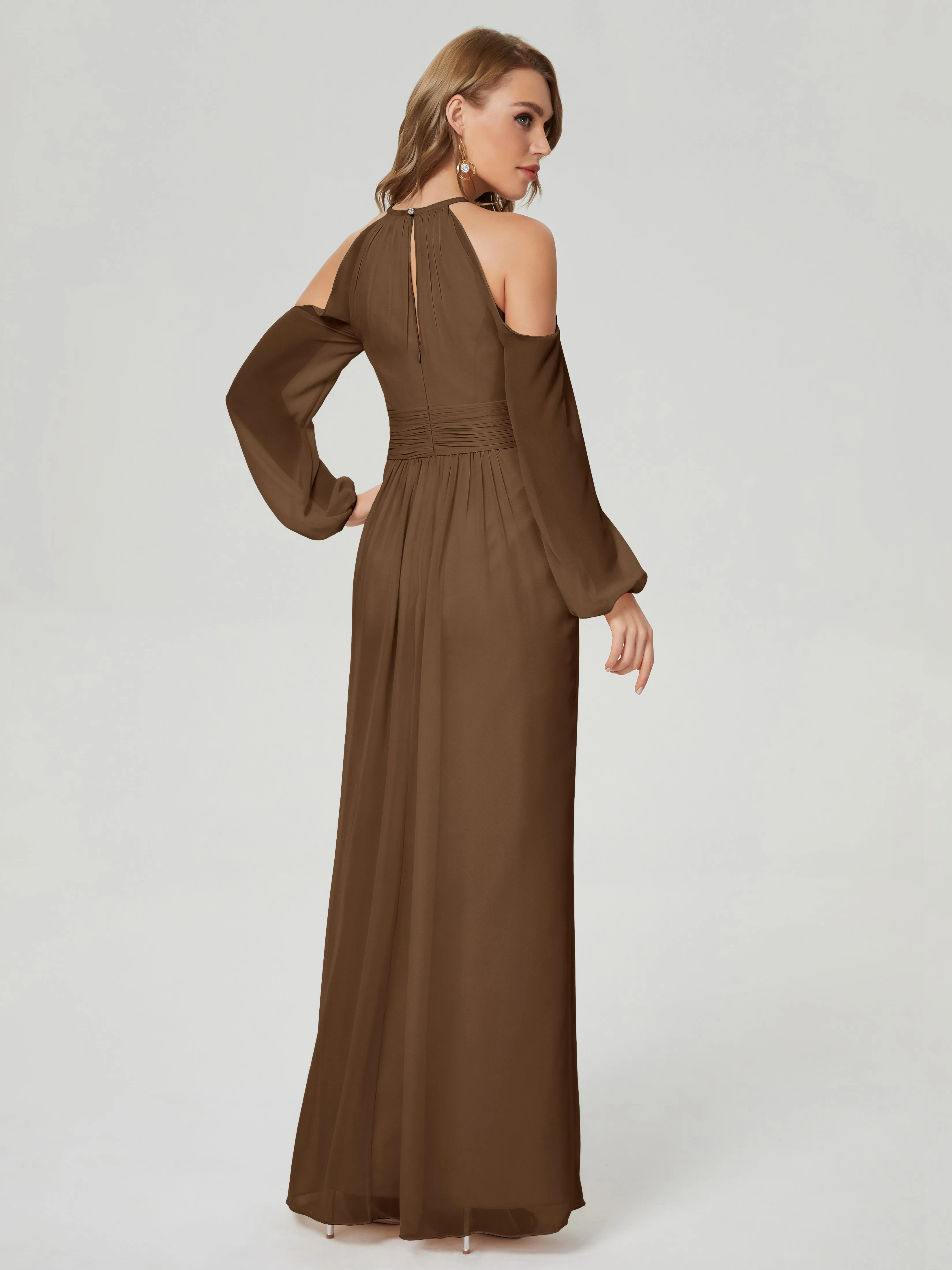 Phoebe Halter Long Sleeves Chiffon Bridesmaid Dresses