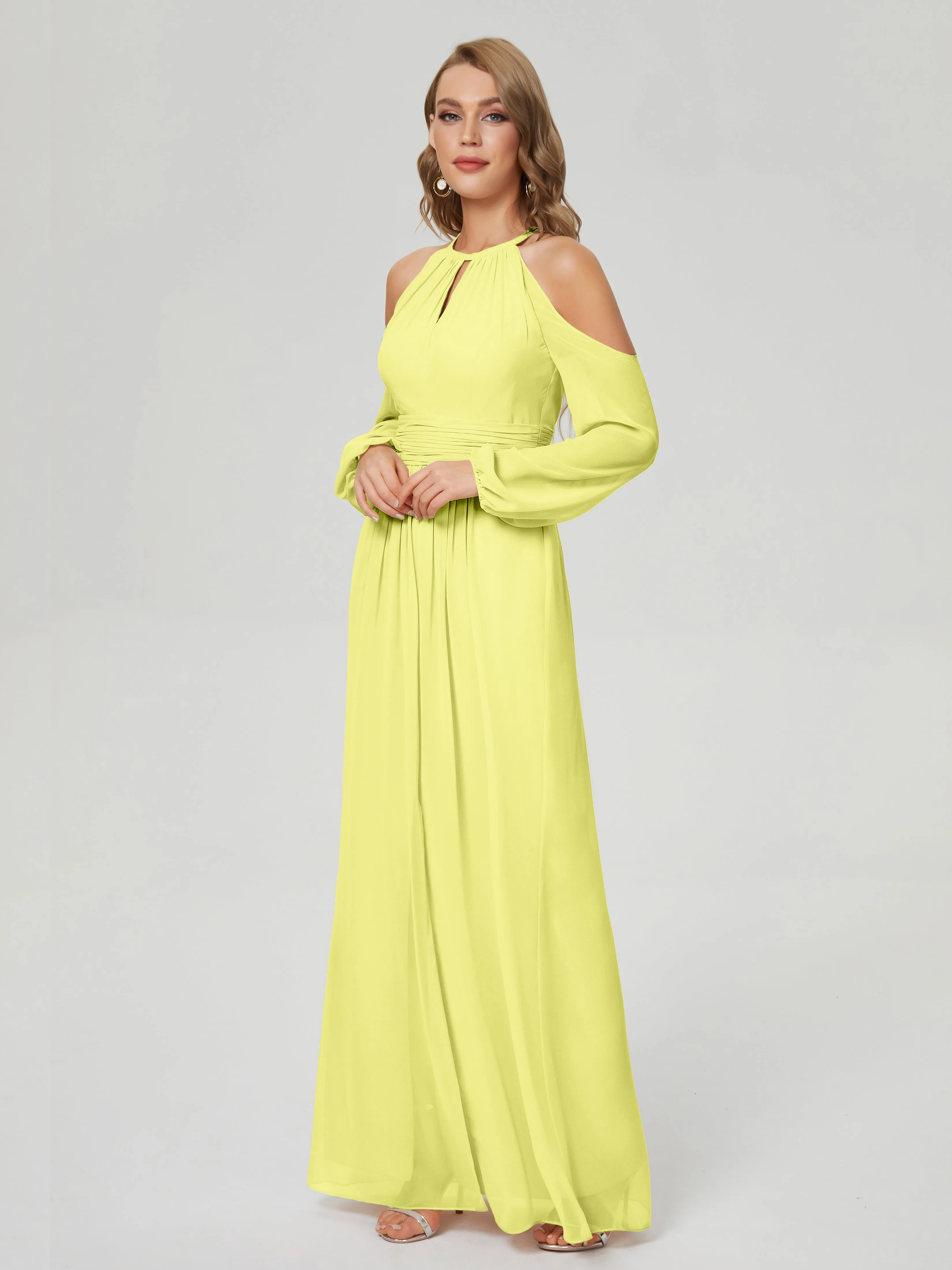 Phoebe Halter Long Sleeves Chiffon Bridesmaid Dresses