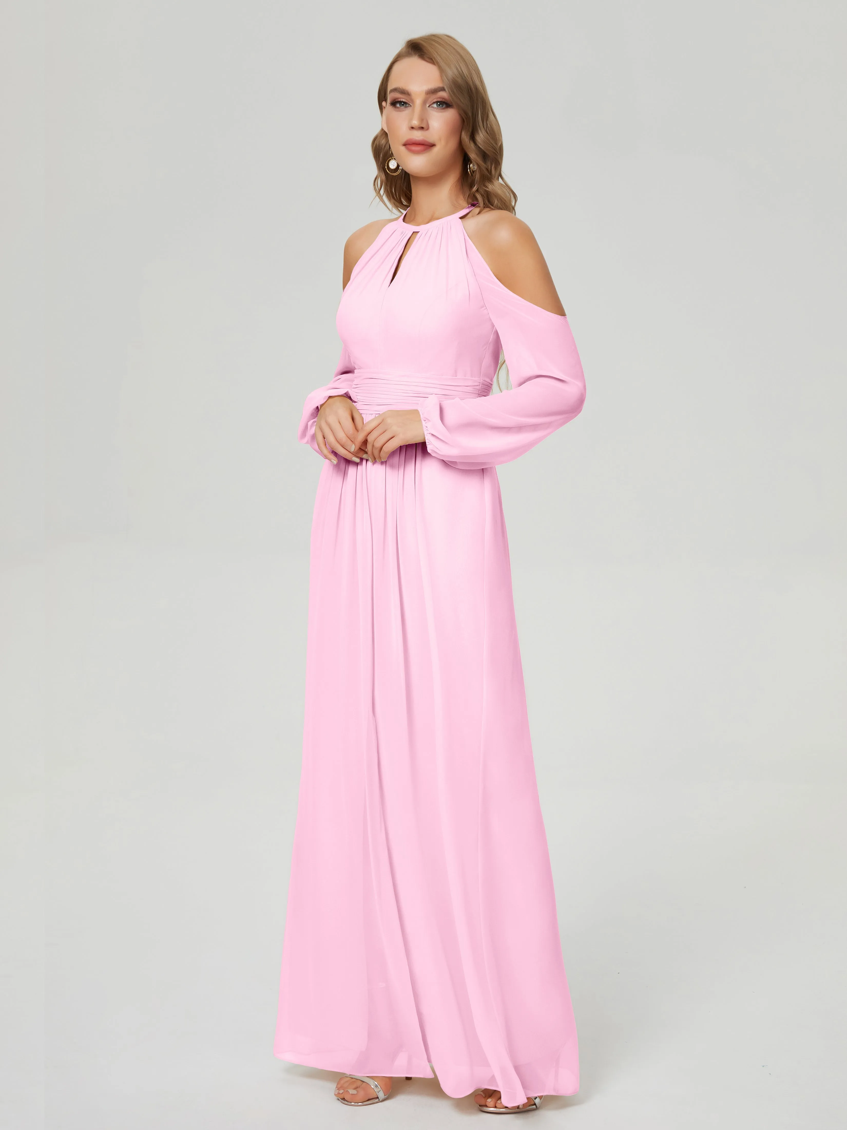 Phoebe Halter Long Sleeves Chiffon Bridesmaid Dresses