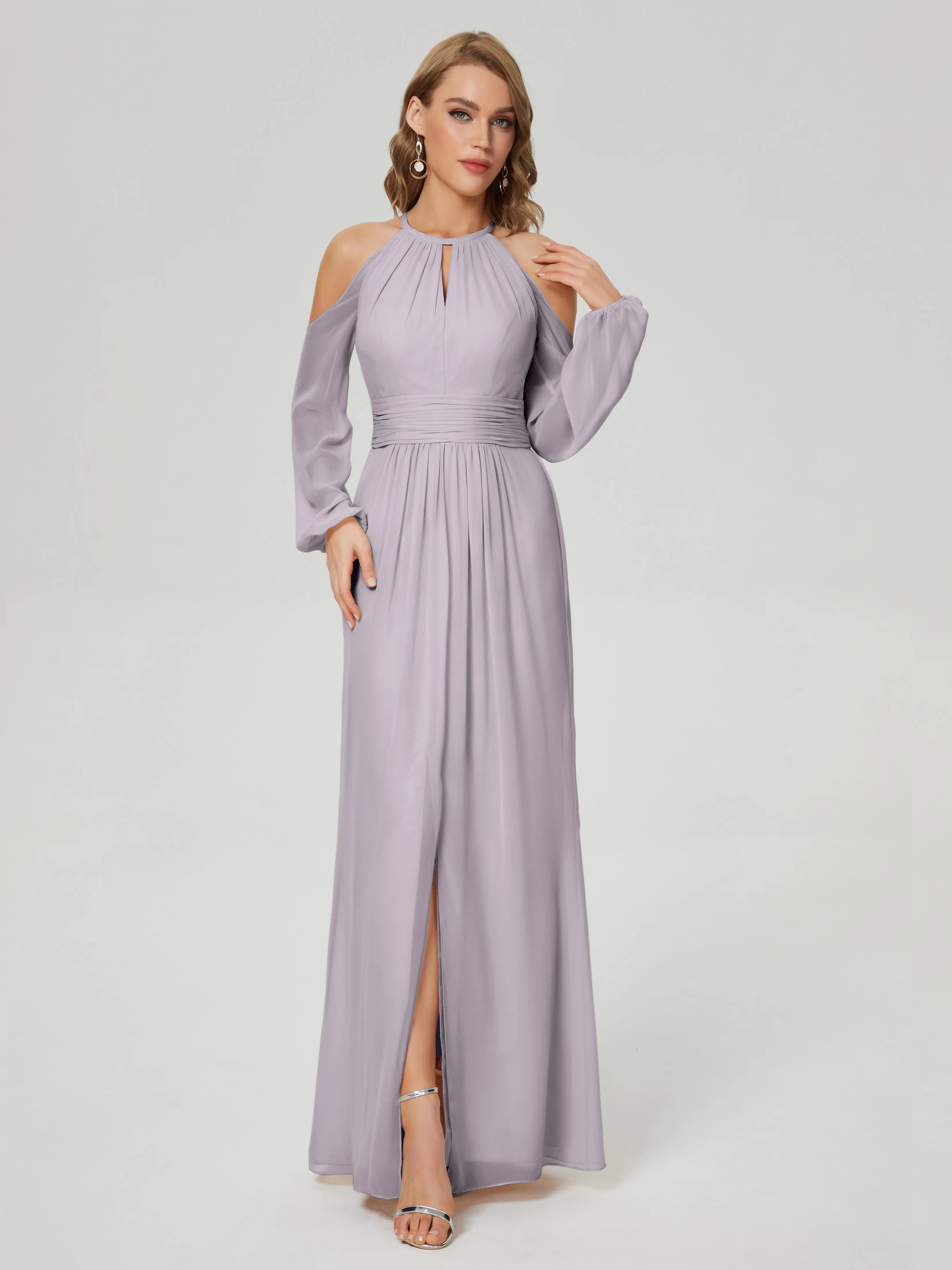 Phoebe Halter Long Sleeves Chiffon Bridesmaid Dresses