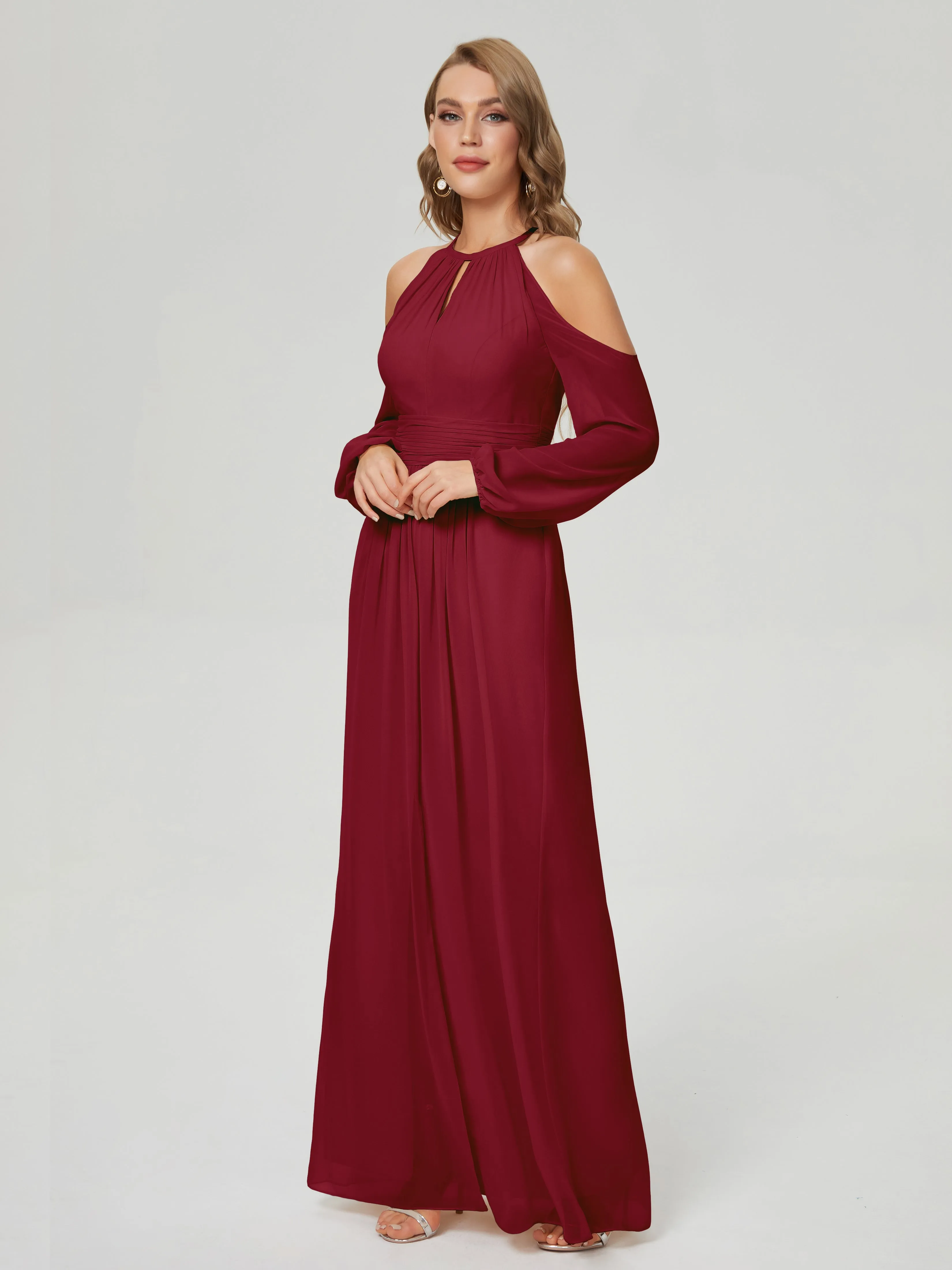 Phoebe Halter Long Sleeves Chiffon Bridesmaid Dresses