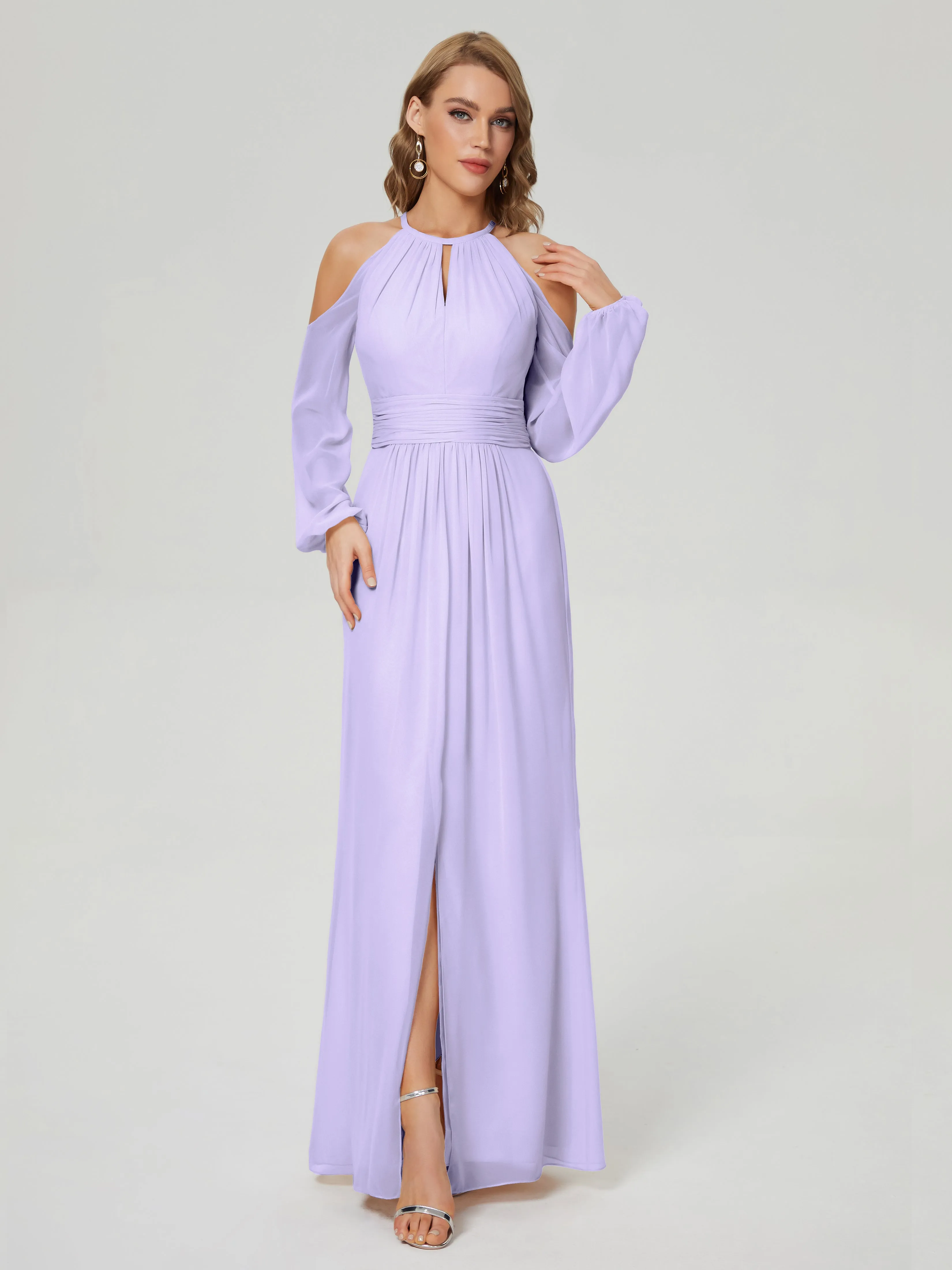 Phoebe Halter Long Sleeves Chiffon Bridesmaid Dresses