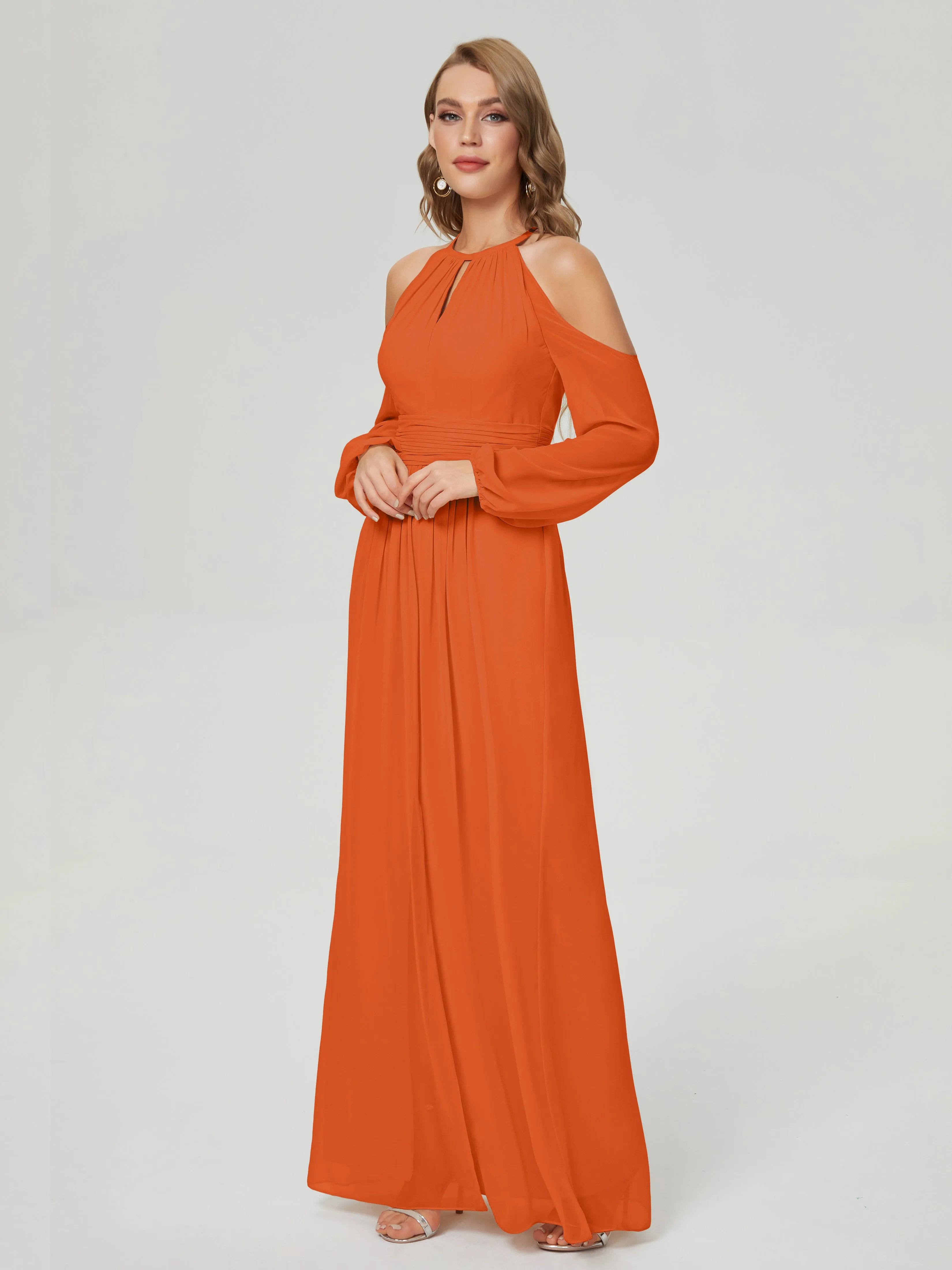 Phoebe Halter Long Sleeves Chiffon Bridesmaid Dresses