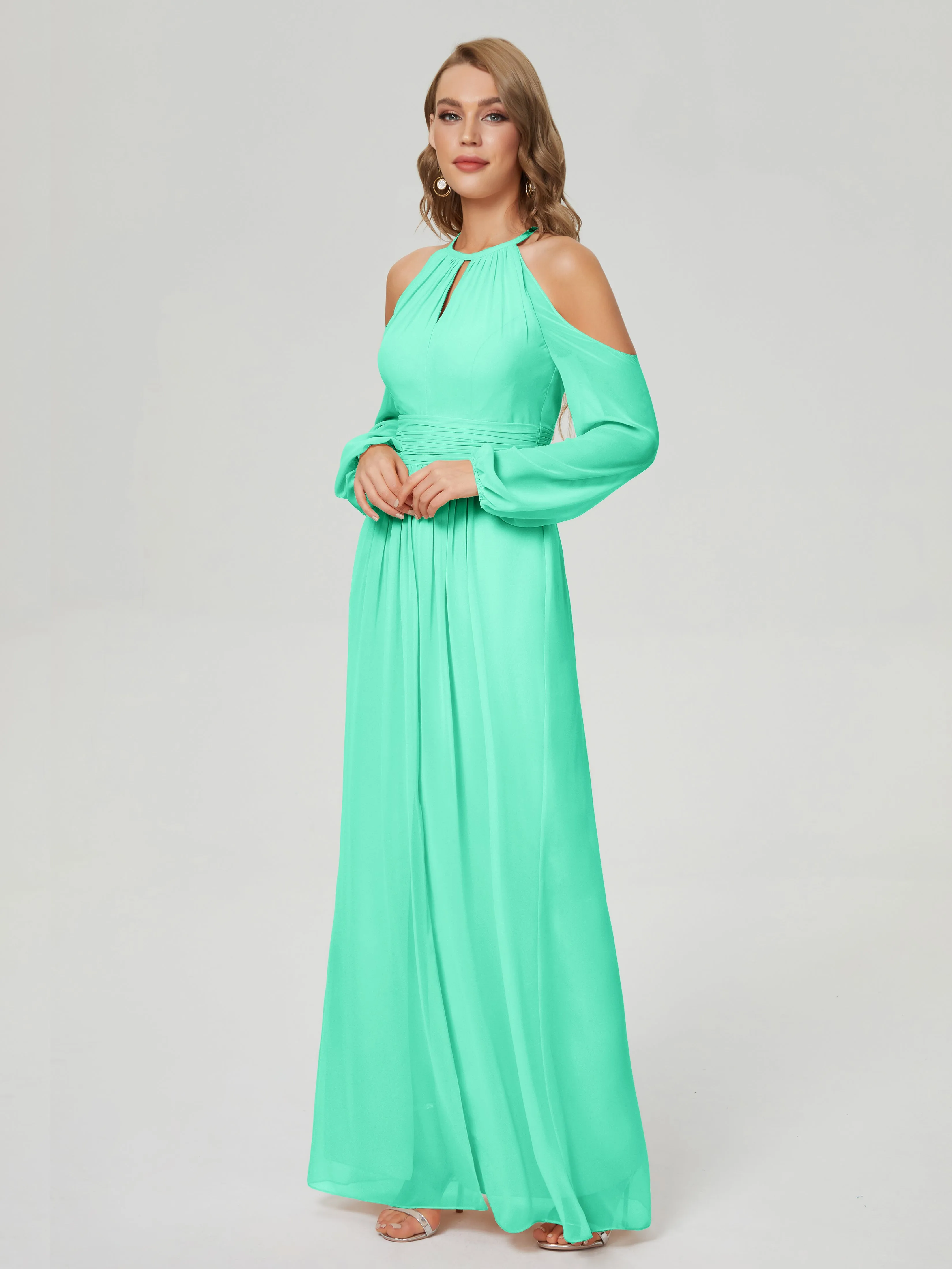 Phoebe Halter Long Sleeves Chiffon Bridesmaid Dresses