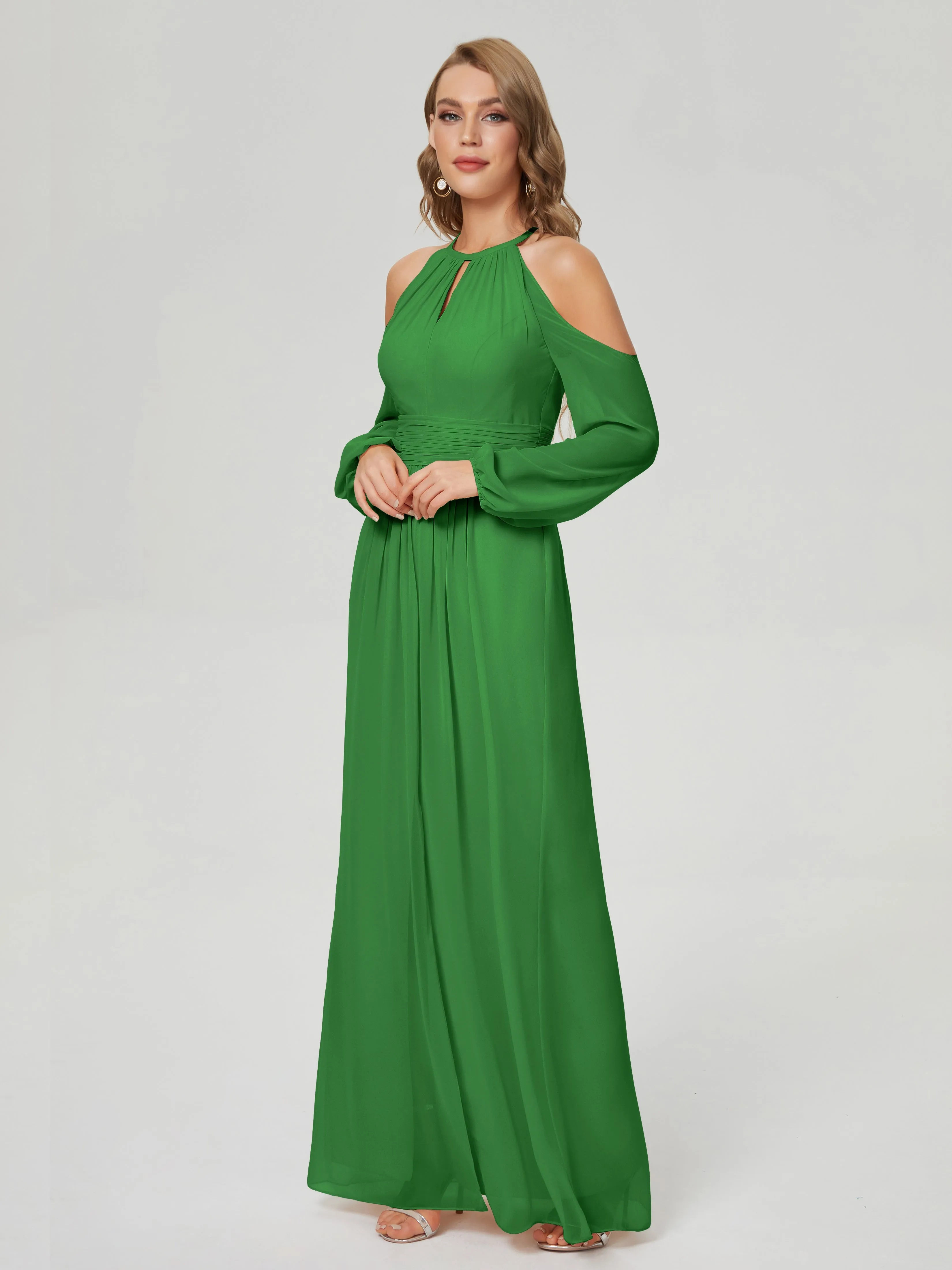 Phoebe Halter Long Sleeves Chiffon Bridesmaid Dresses