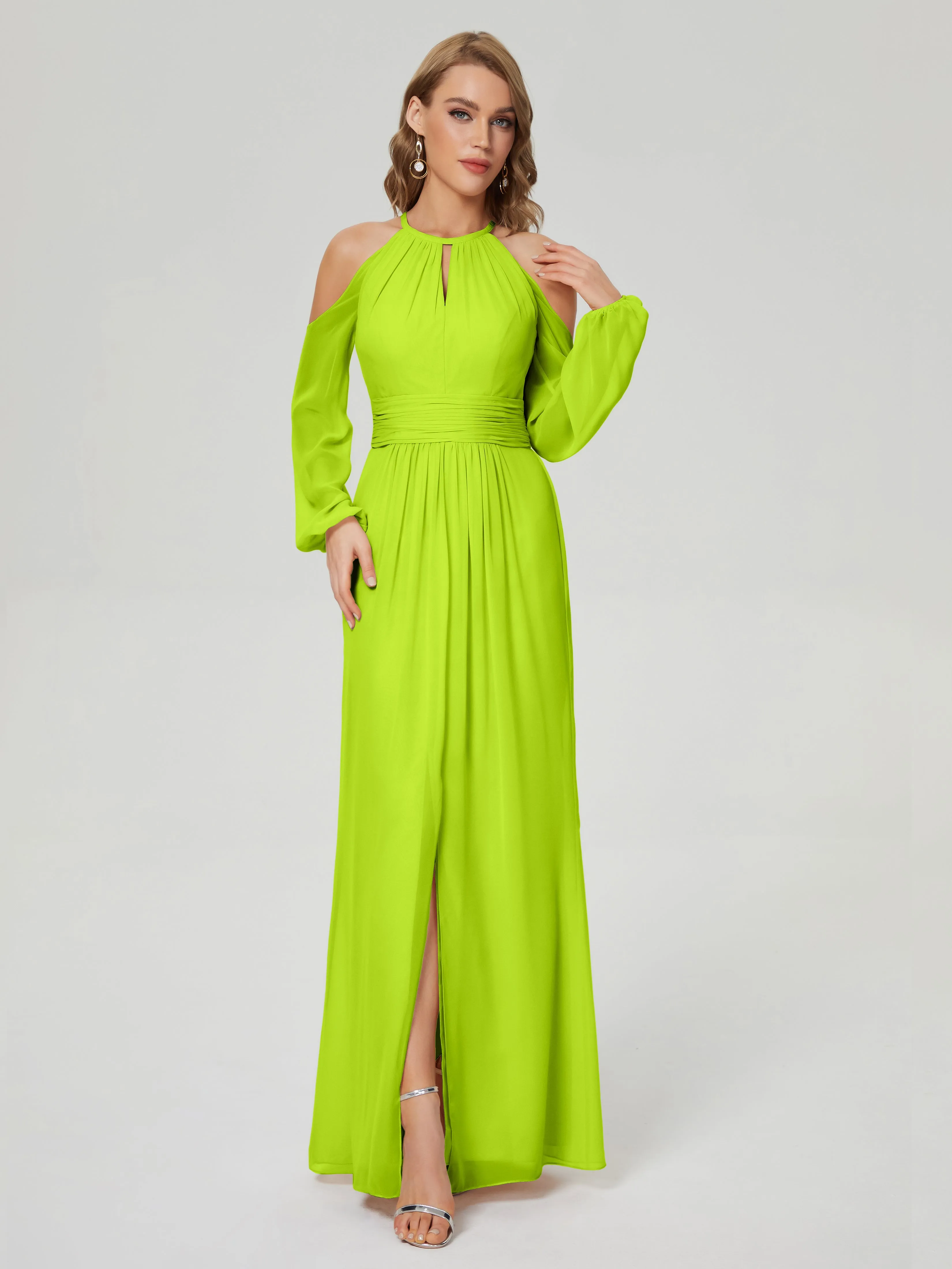 Phoebe Halter Long Sleeves Chiffon Bridesmaid Dresses