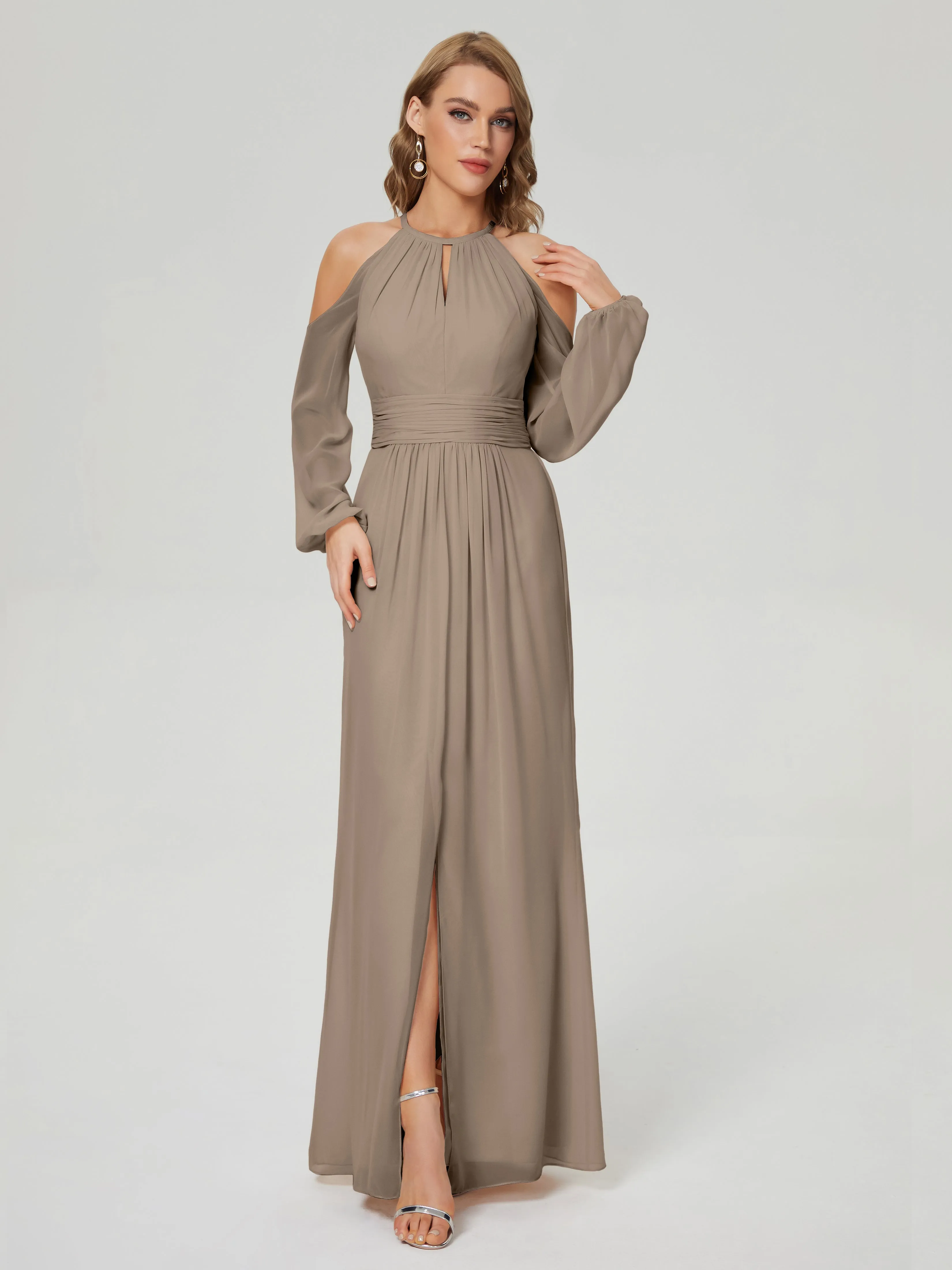 Phoebe Halter Long Sleeves Chiffon Bridesmaid Dresses