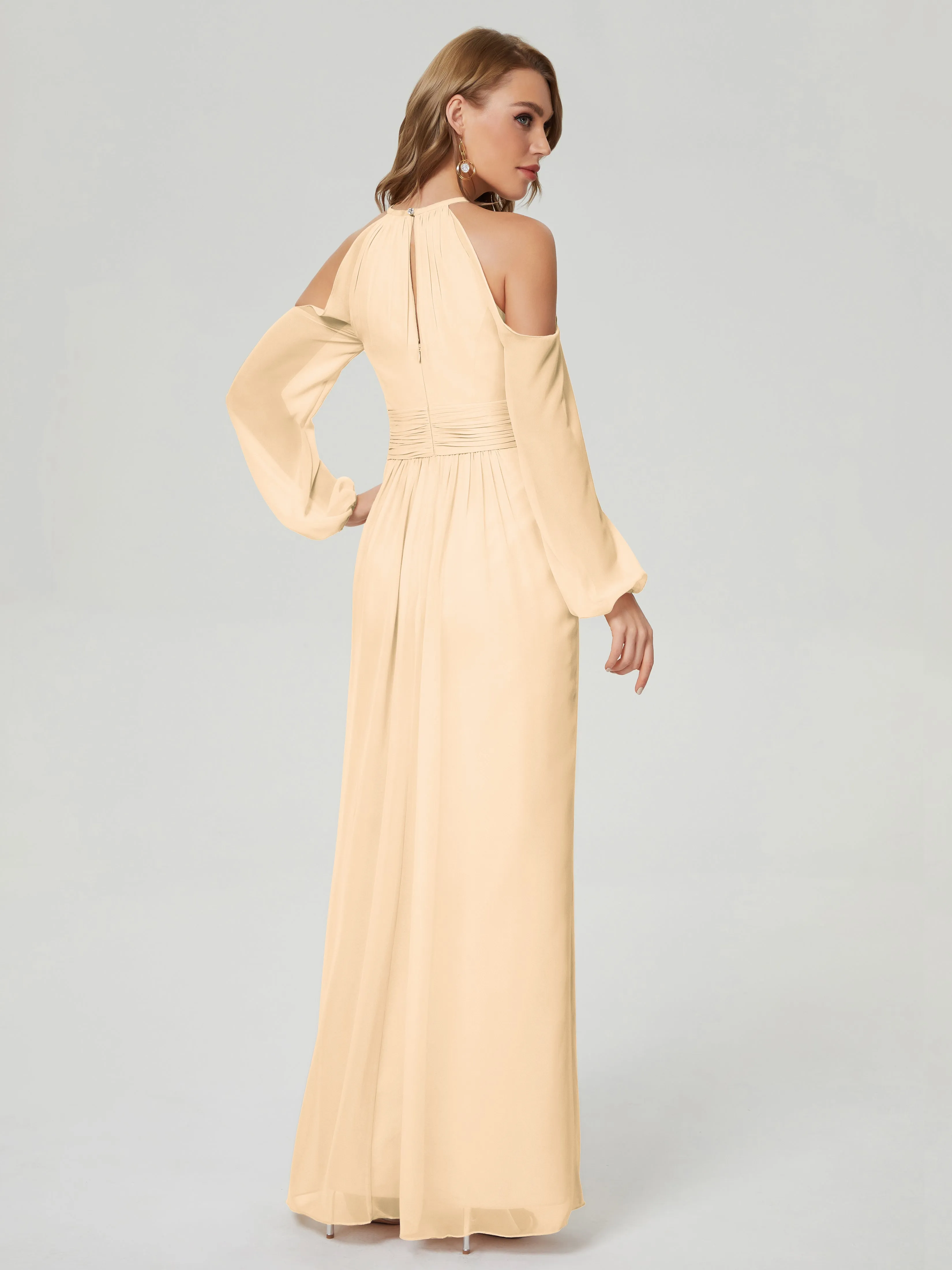Phoebe Halter Long Sleeves Chiffon Bridesmaid Dresses