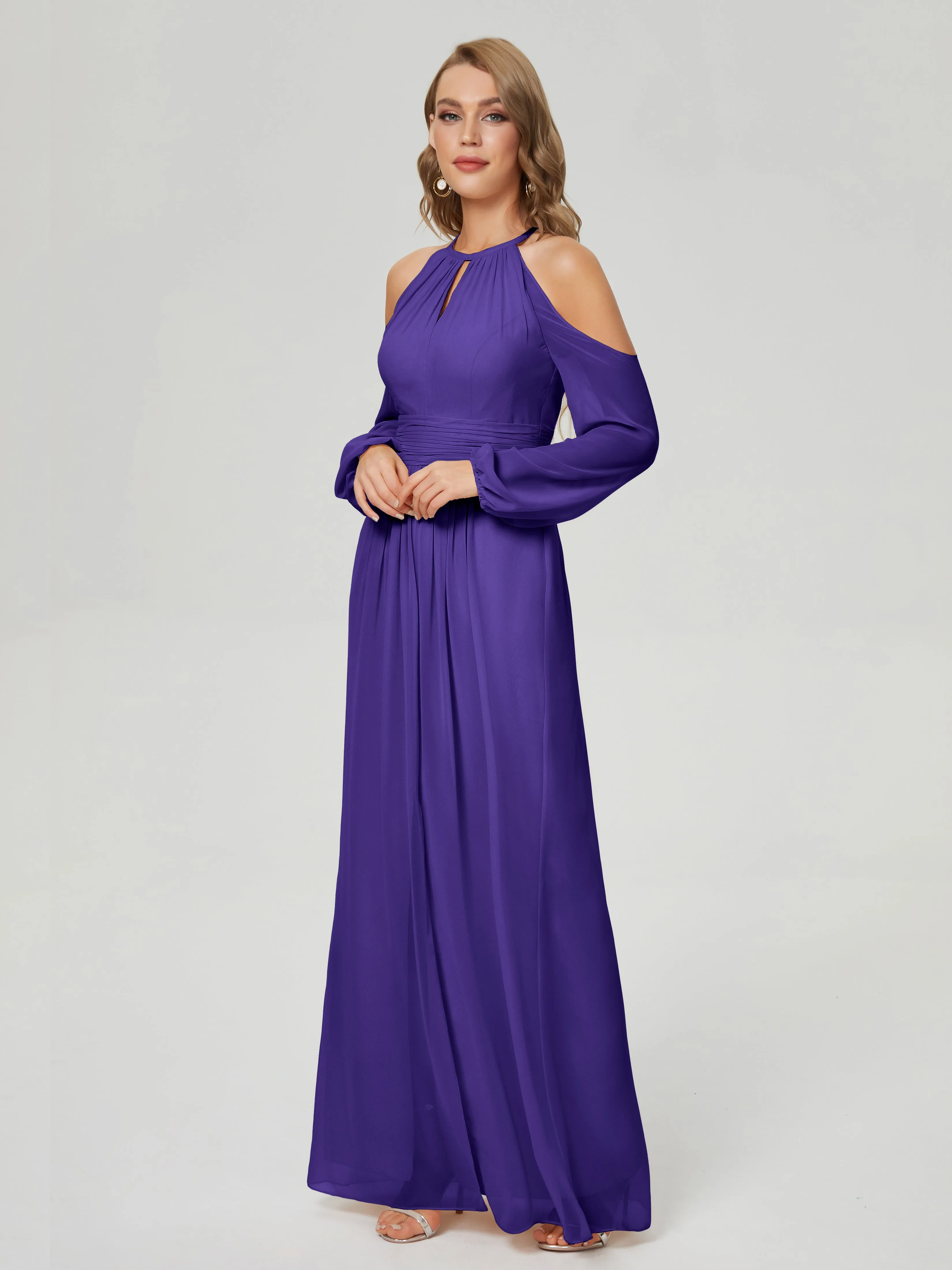 Phoebe Halter Long Sleeves Chiffon Bridesmaid Dresses