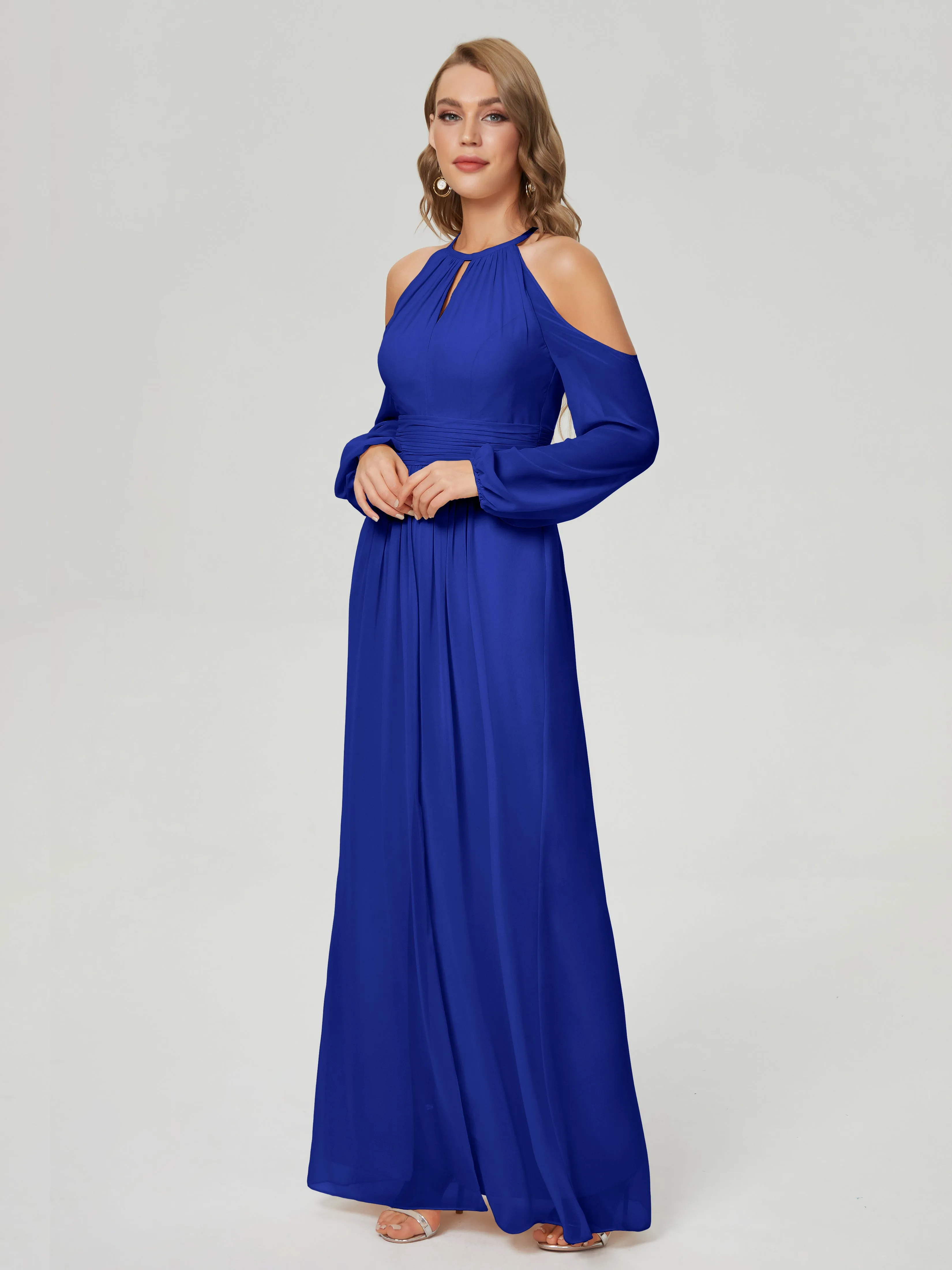 Phoebe Halter Long Sleeves Chiffon Bridesmaid Dresses