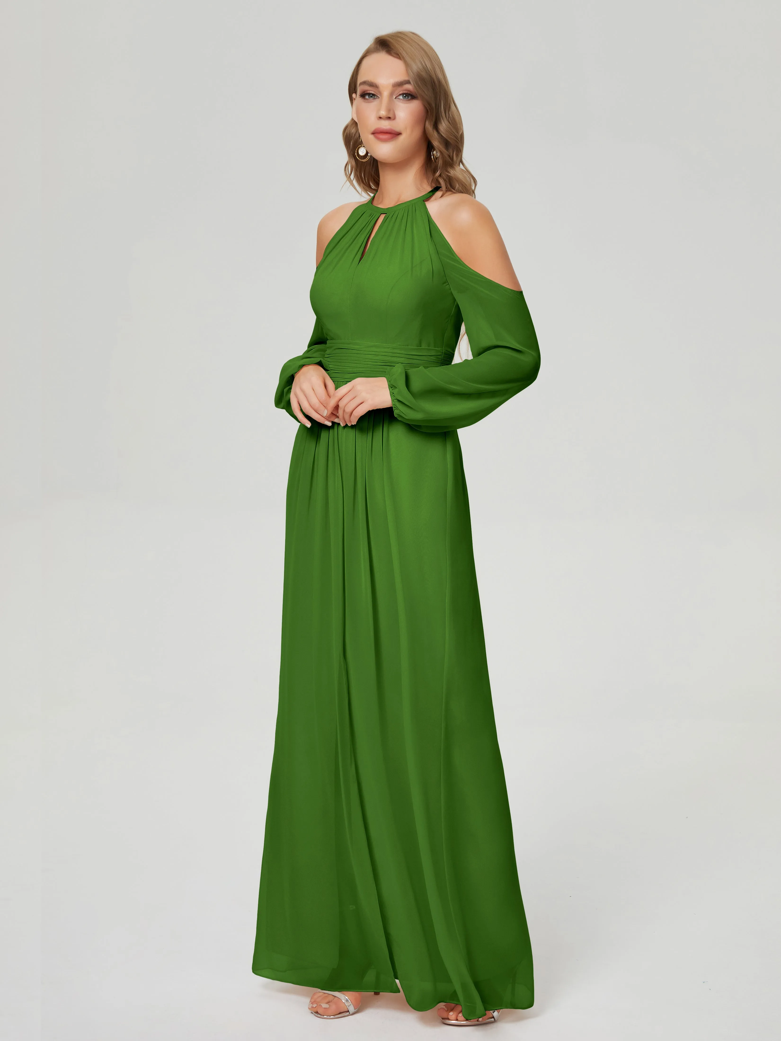 Phoebe Halter Long Sleeves Chiffon Bridesmaid Dresses