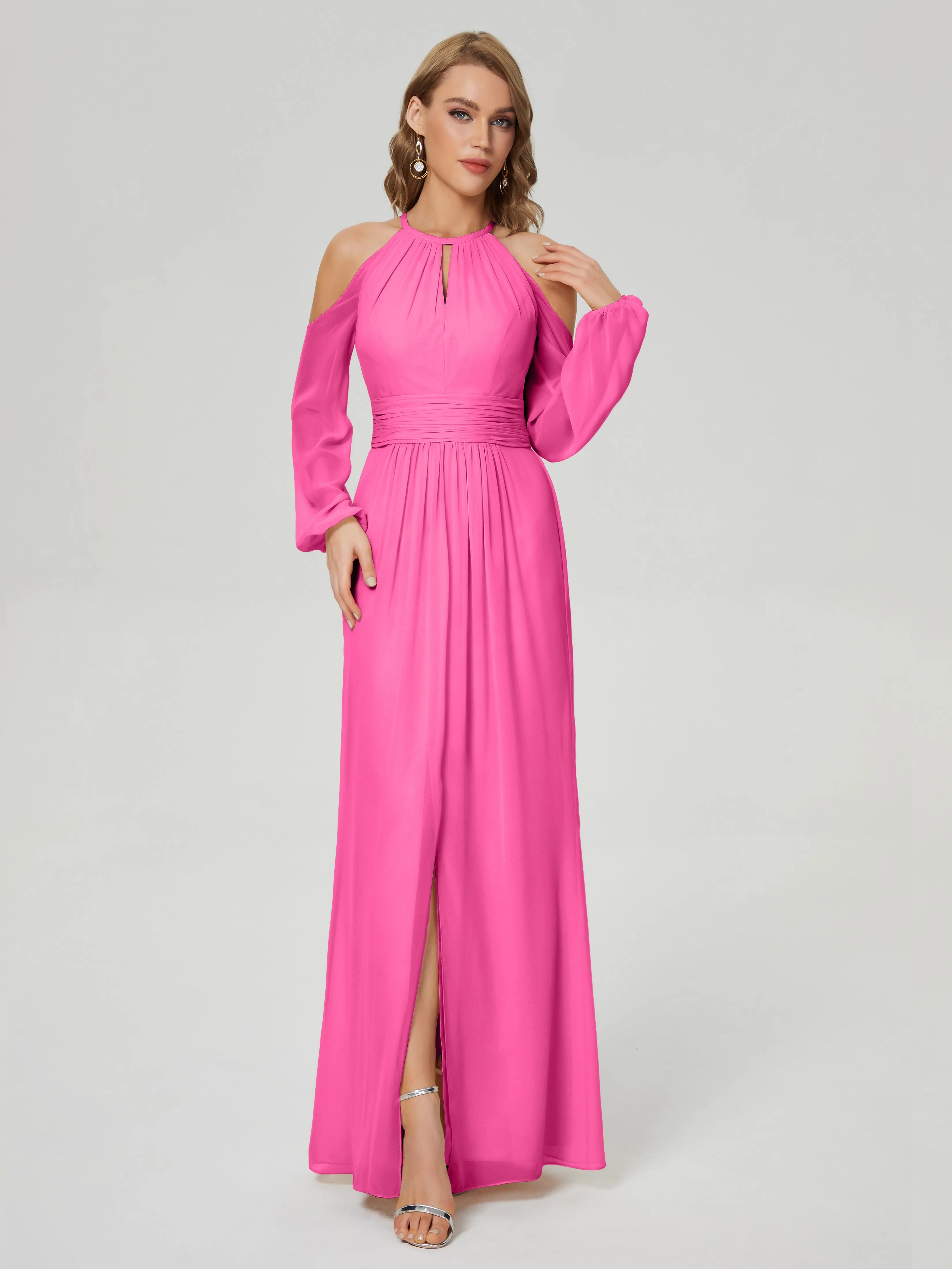 Phoebe Halter Long Sleeves Chiffon Bridesmaid Dresses