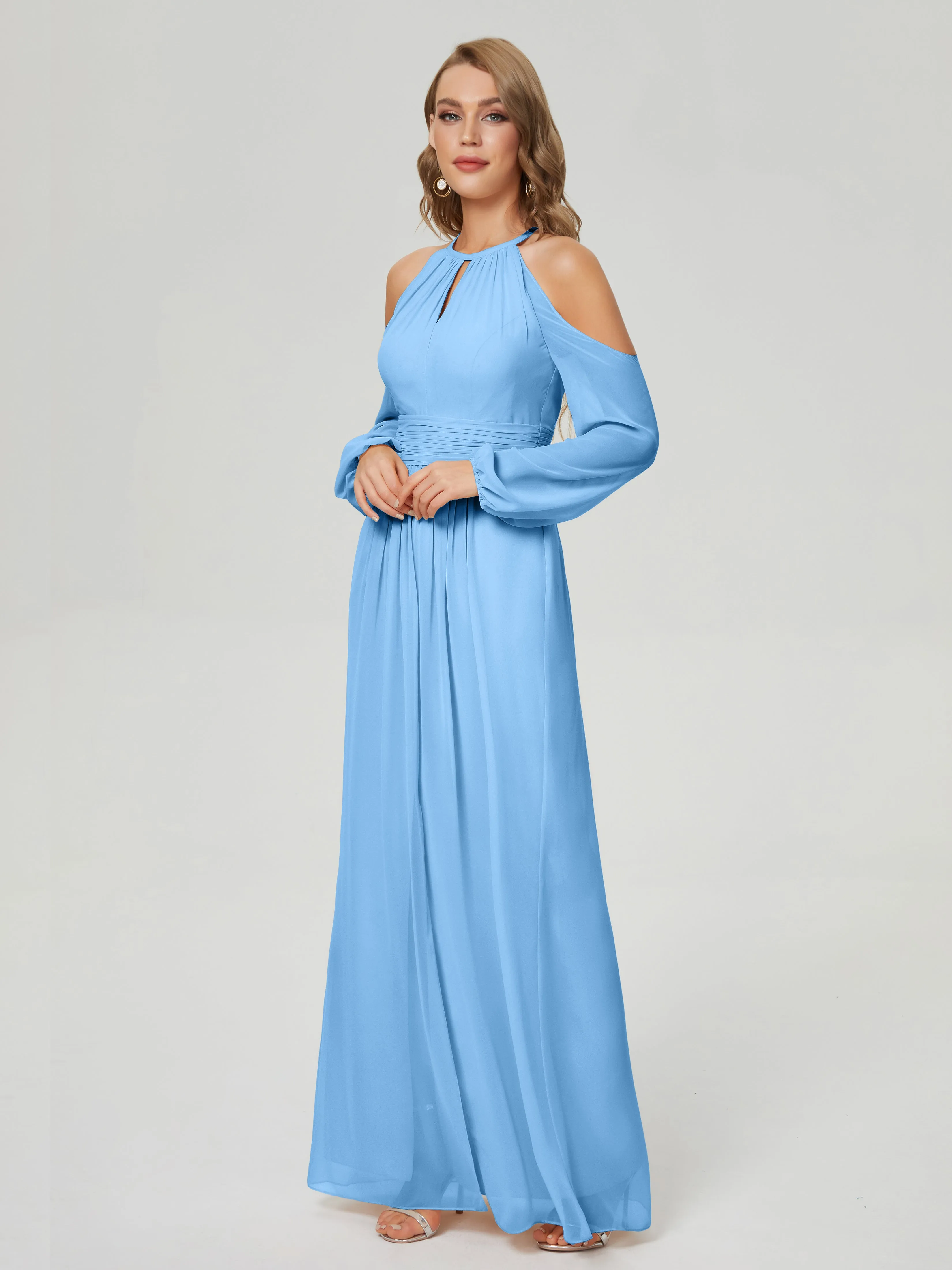 Phoebe Halter Long Sleeves Chiffon Bridesmaid Dresses
