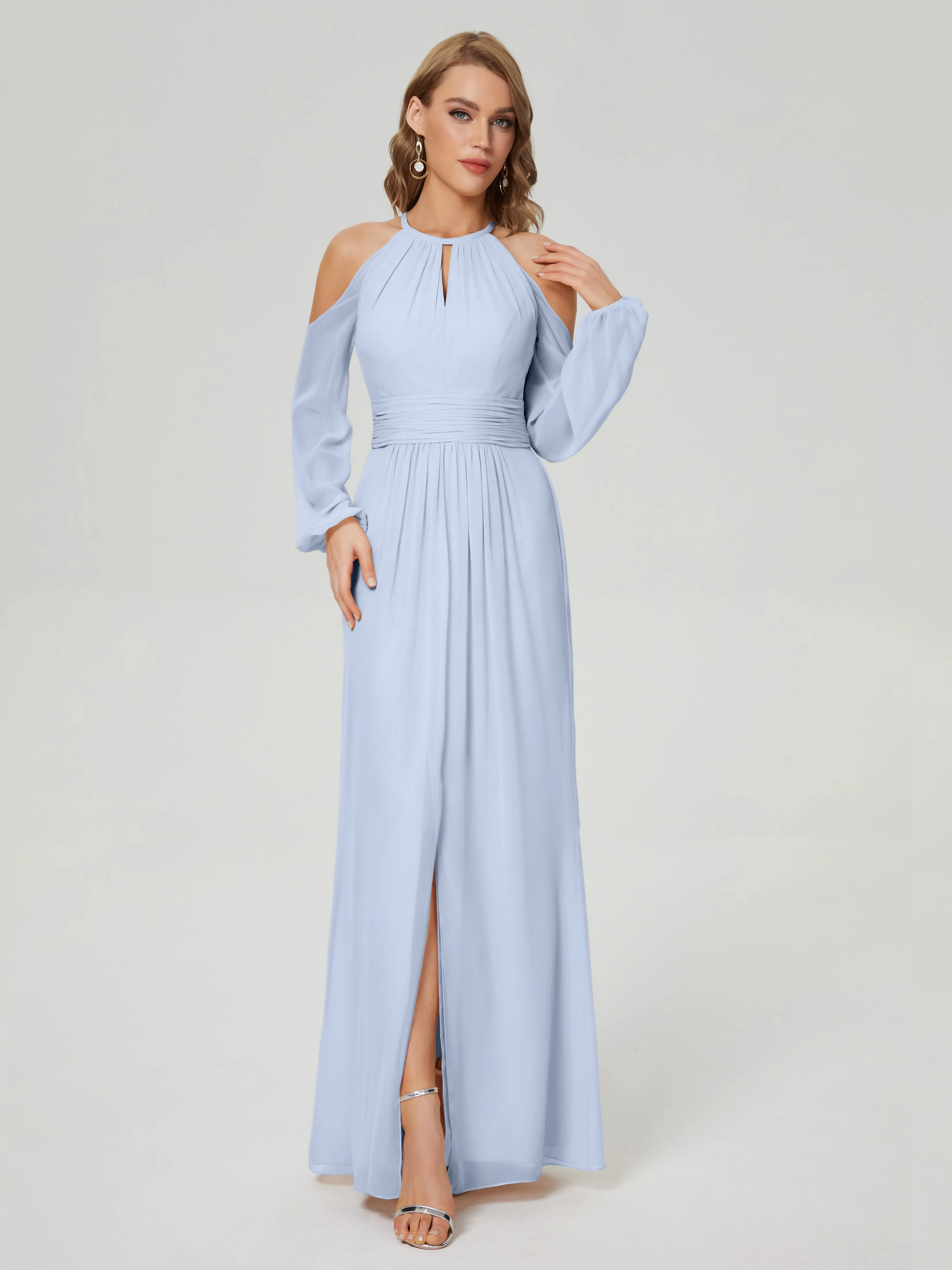 Phoebe Halter Long Sleeves Chiffon Bridesmaid Dresses