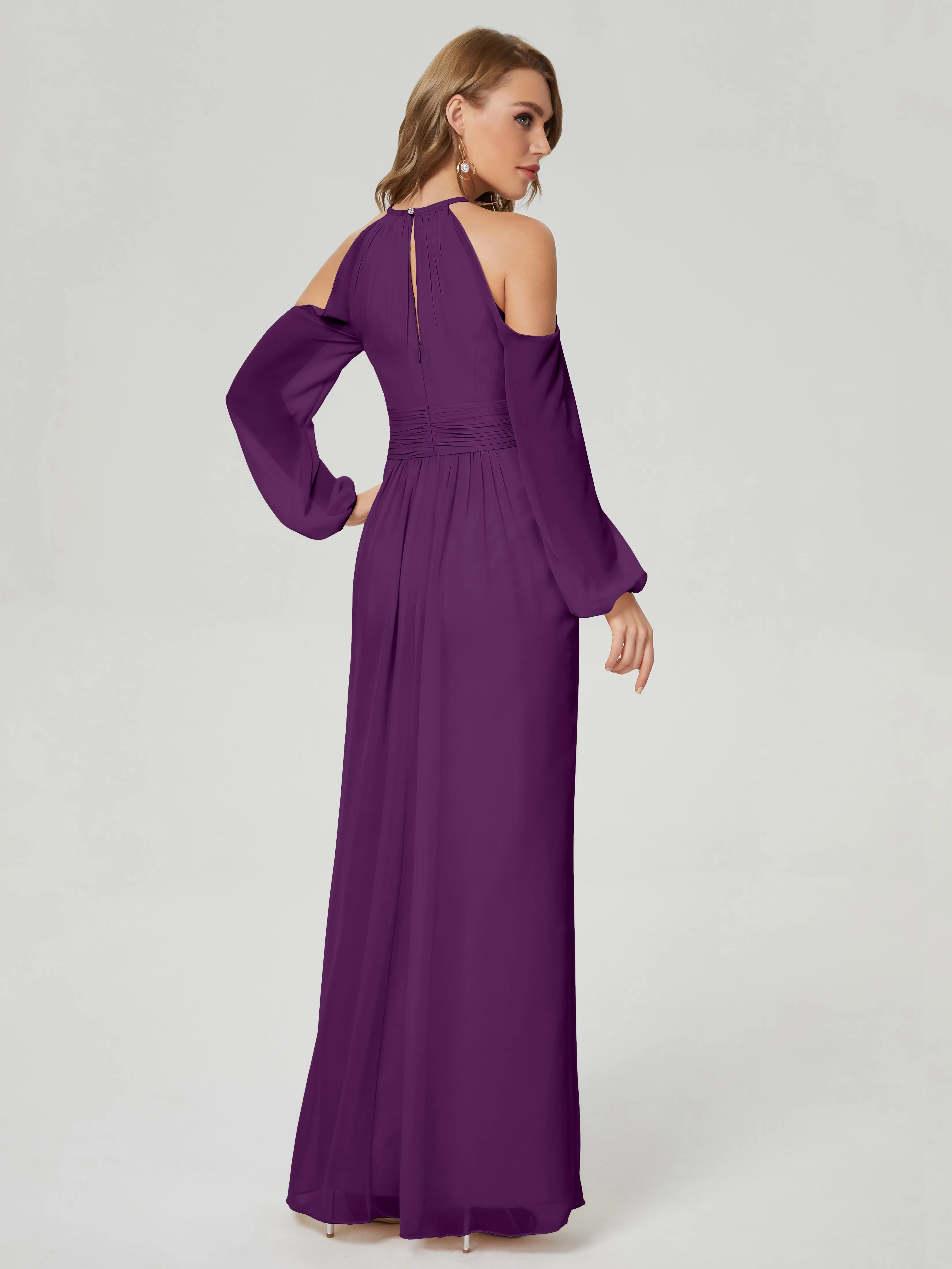 Phoebe Halter Long Sleeves Chiffon Bridesmaid Dresses