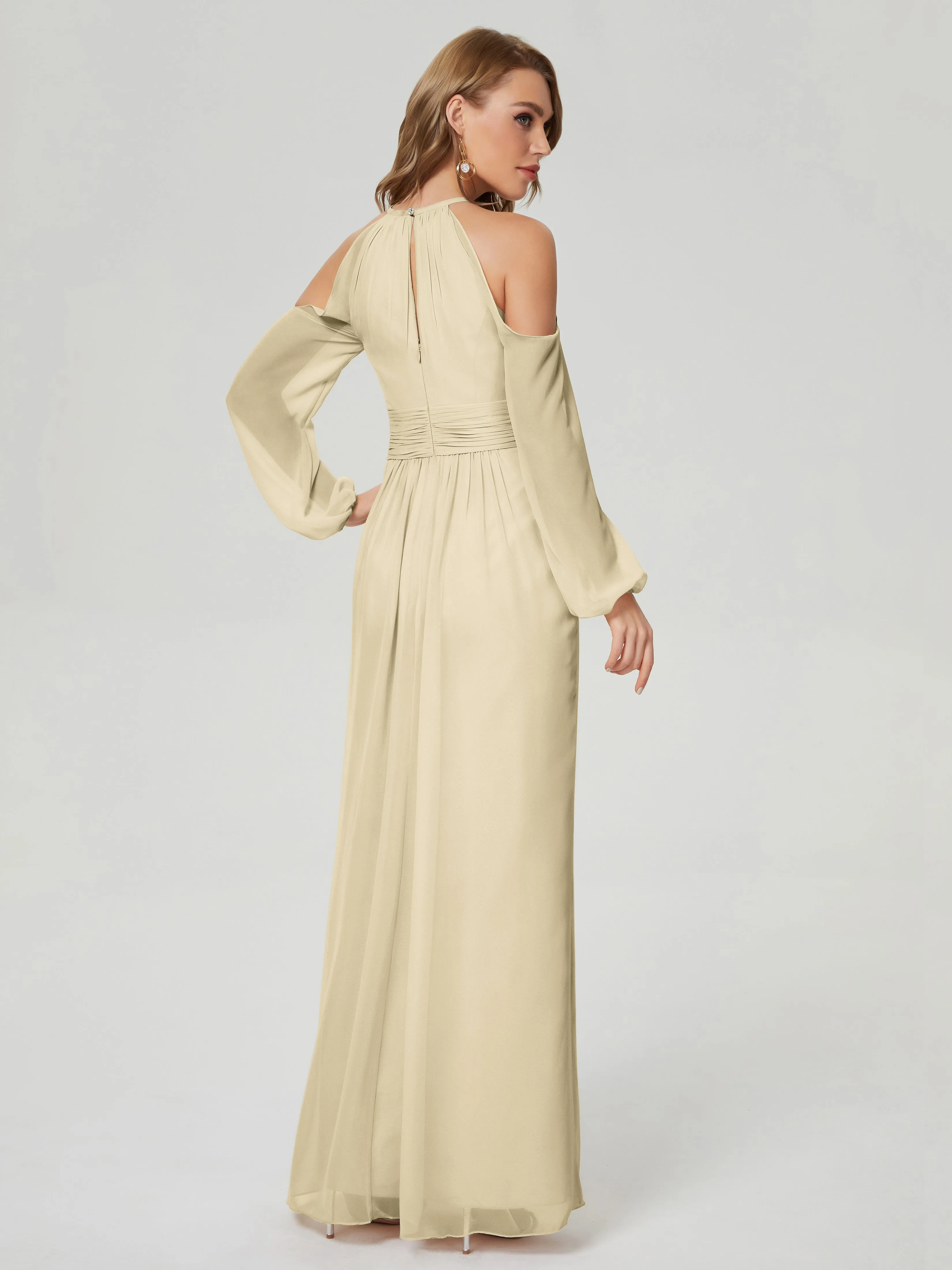 Phoebe Halter Long Sleeves Chiffon Bridesmaid Dresses