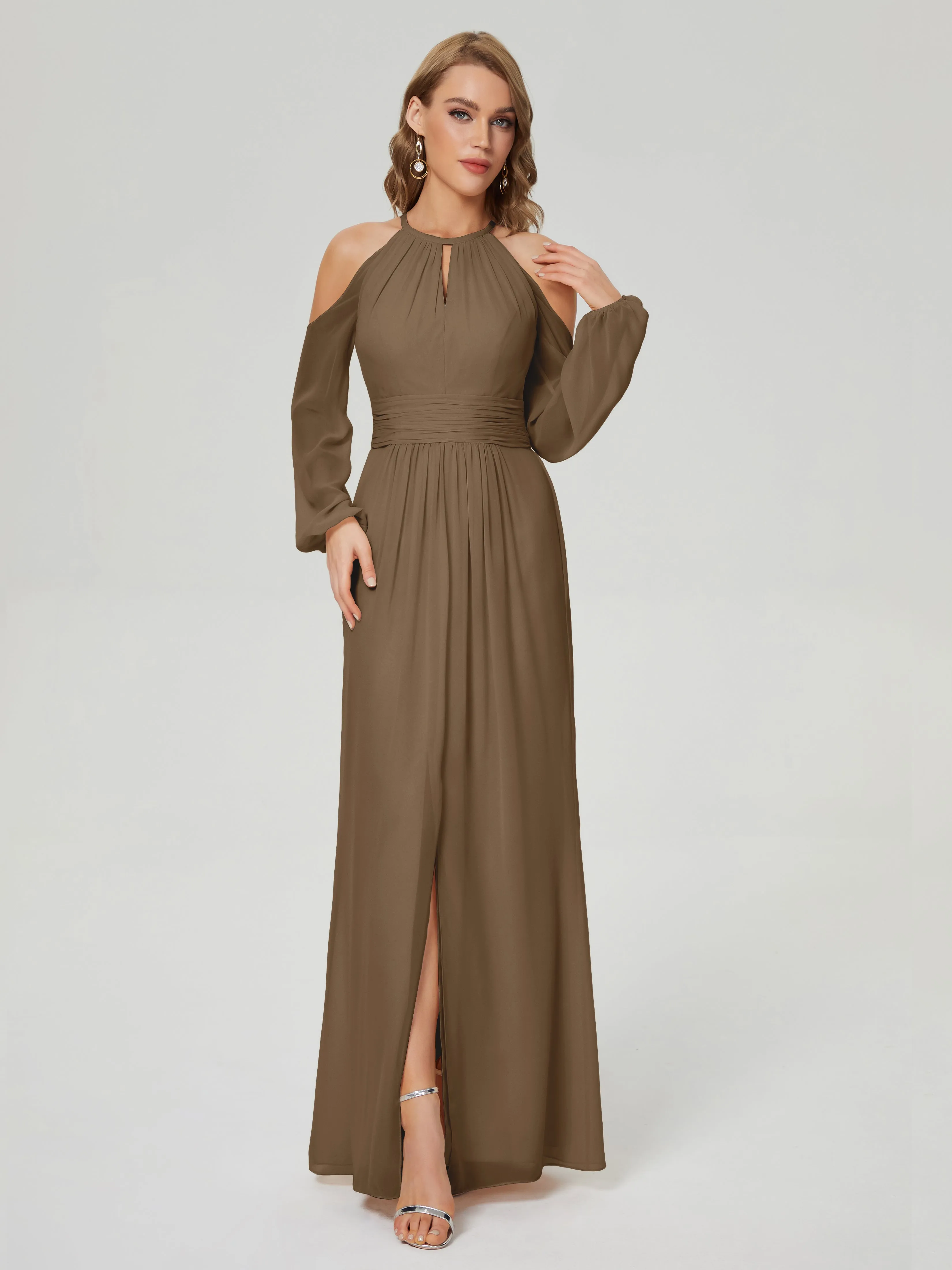 Phoebe Halter Long Sleeves Chiffon Bridesmaid Dresses