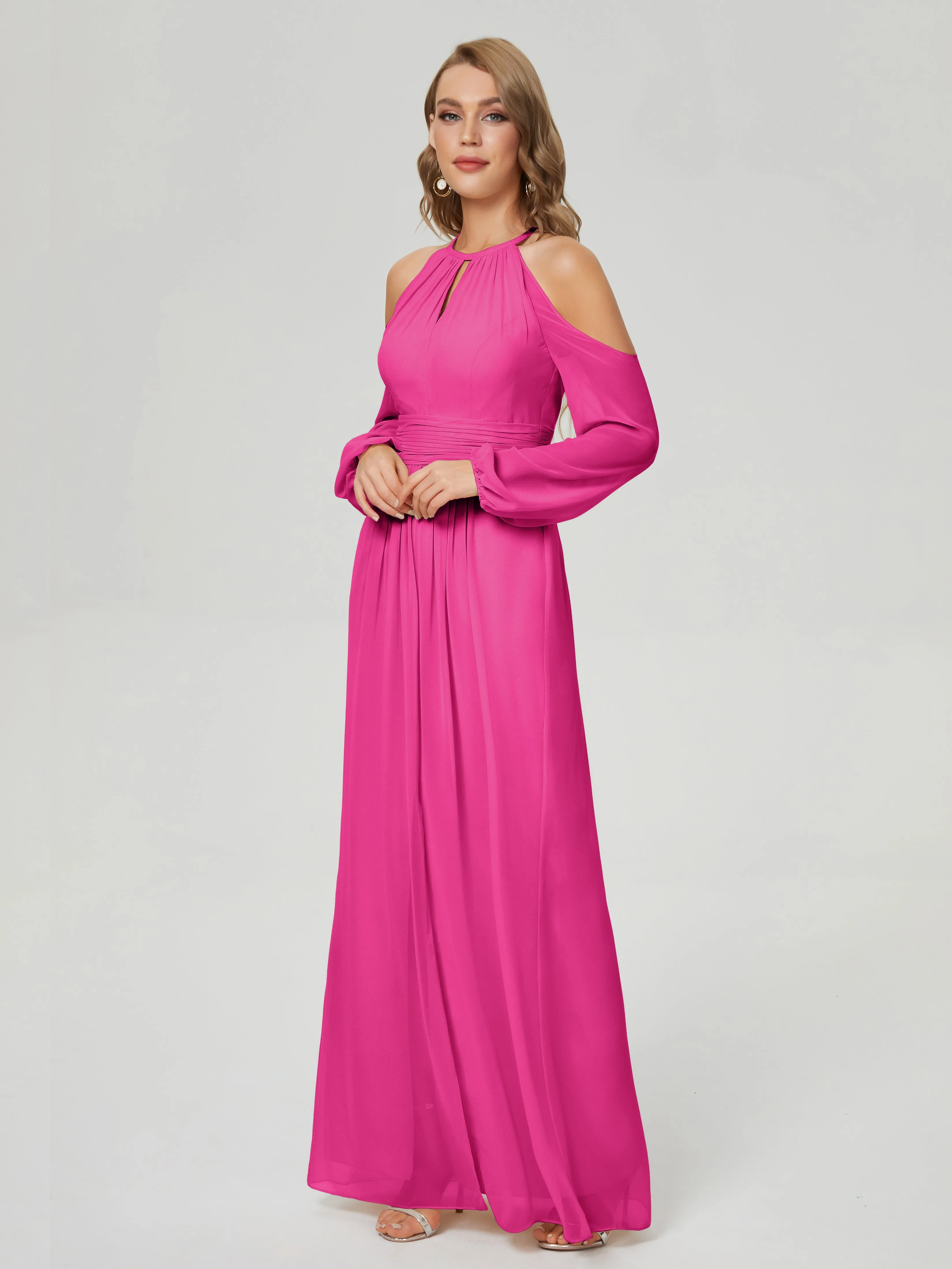 Phoebe Halter Long Sleeves Chiffon Bridesmaid Dresses
