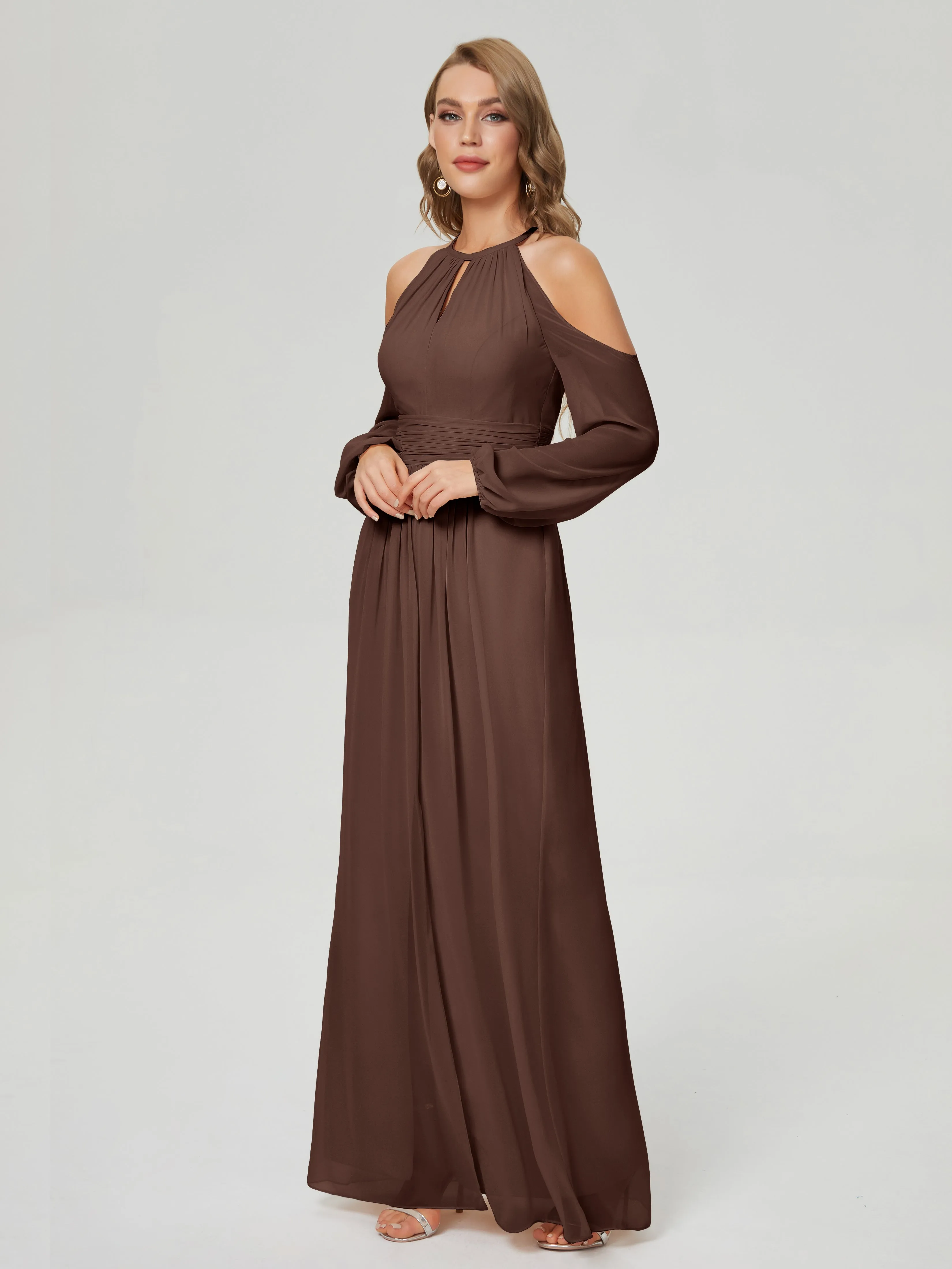 Phoebe Halter Long Sleeves Chiffon Bridesmaid Dresses